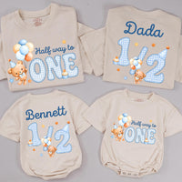 Half Way to One Baby Outfit with Bear Graphic, Matching Family Shirts, Personalized 6 Month Milestone T-Shirt or Bodysuit