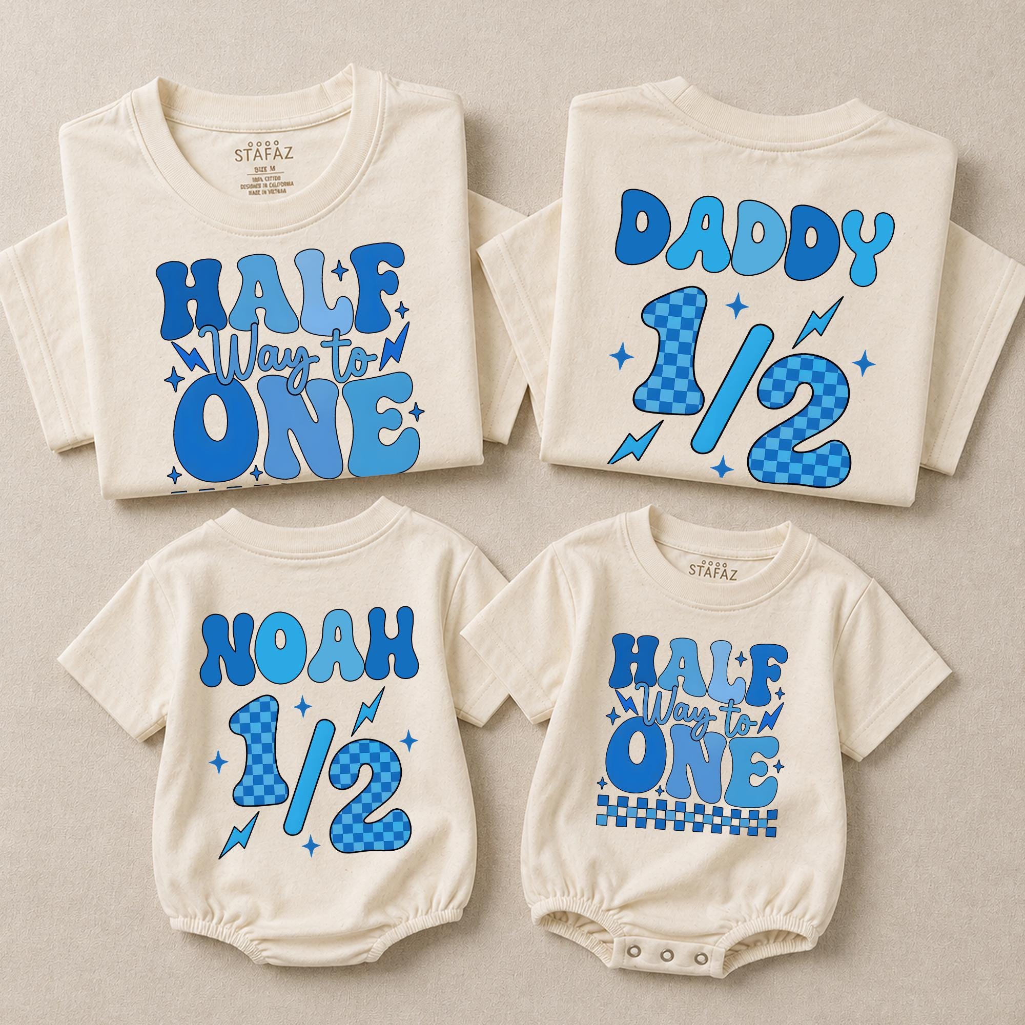 Half Way to One Baby Romper with Blue Lightning Graphic, Custom Name Boy Bubble Outfit, 6-Month Milestone Matching Family Set
