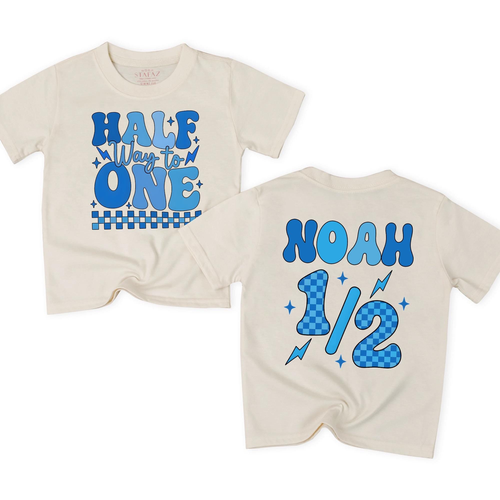 Half Way to One Baby Romper with Blue Lightning Graphic, Custom Name Boy Bubble Outfit, 6-Month Milestone Matching Family Set