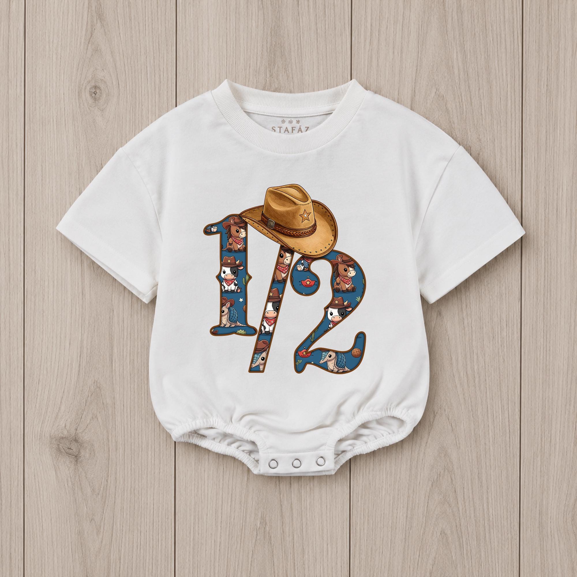Half Way to One Baby Romper with Cowboy Hat Graphic, Western 1/2 Birthday Outfit, 6 Month Milestone Baby Bodysuit Gift