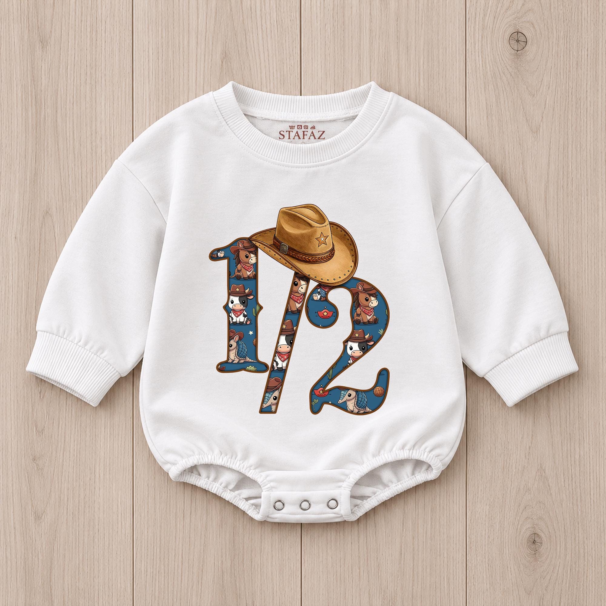 Half Way to One Baby Romper with Cowboy Hat Graphic, Western 1/2 Birthday Outfit, 6 Month Milestone Baby Bodysuit Gift