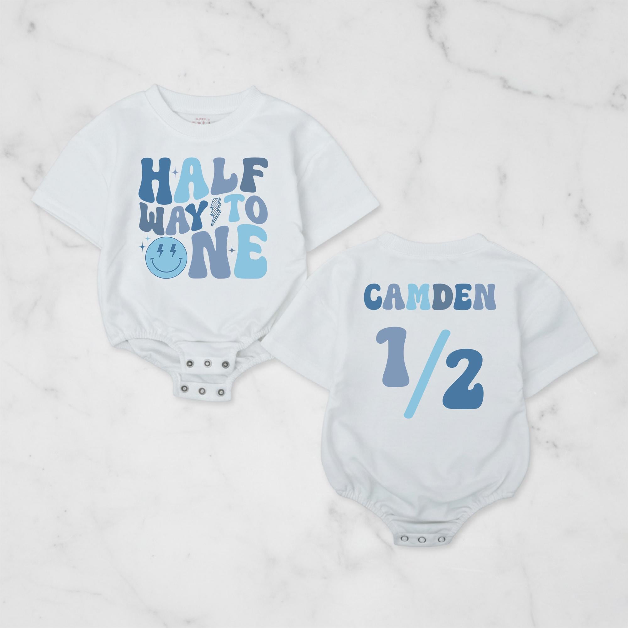 Half Way to One Baby Romper with Custom Name, 6 Month Milestone Outfit for Baby Boy, Half Birthday Bodysuit with Fun Blue Design
