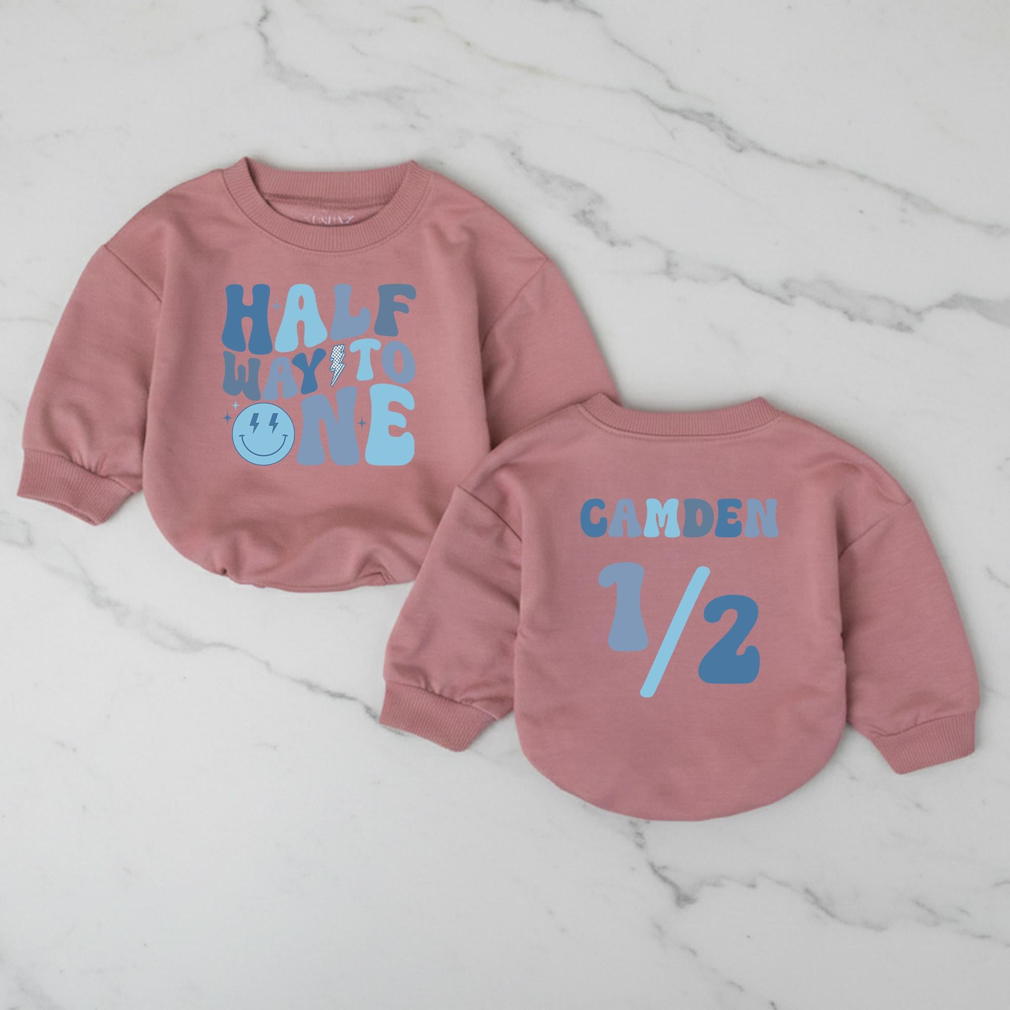 Half Way to One Baby Romper with Custom Name, 6 Month Milestone Outfit for Baby Boy, Half Birthday Bodysuit with Fun Blue Design