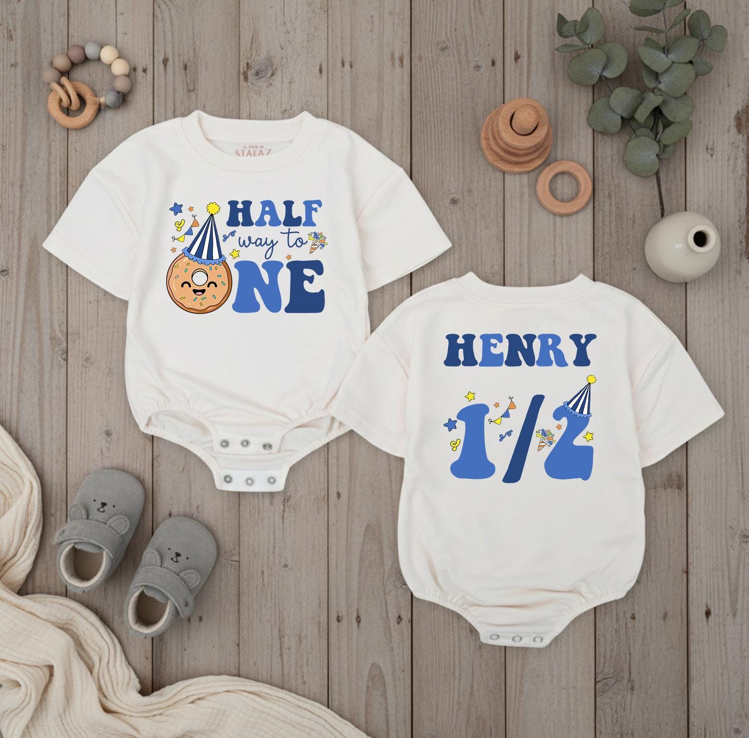 Half Way to One Baby Romper with Donut Party Hat Design, Personalized Name and Age, Half Birthday Outfit for Boys and Girls