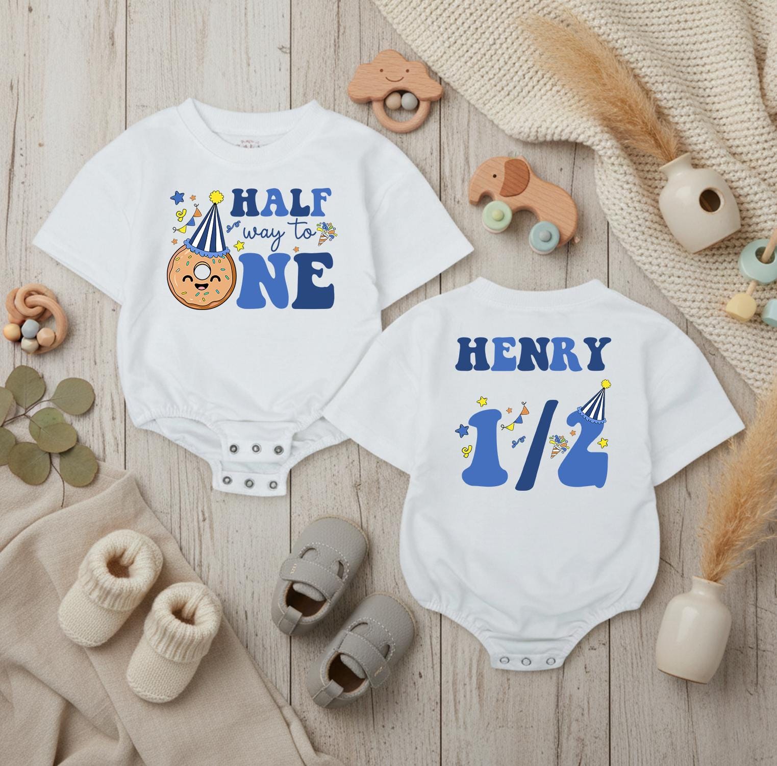 Half Way to One Baby Romper with Donut Party Hat Design, Personalized Name and Age, Half Birthday Outfit for Boys and Girls