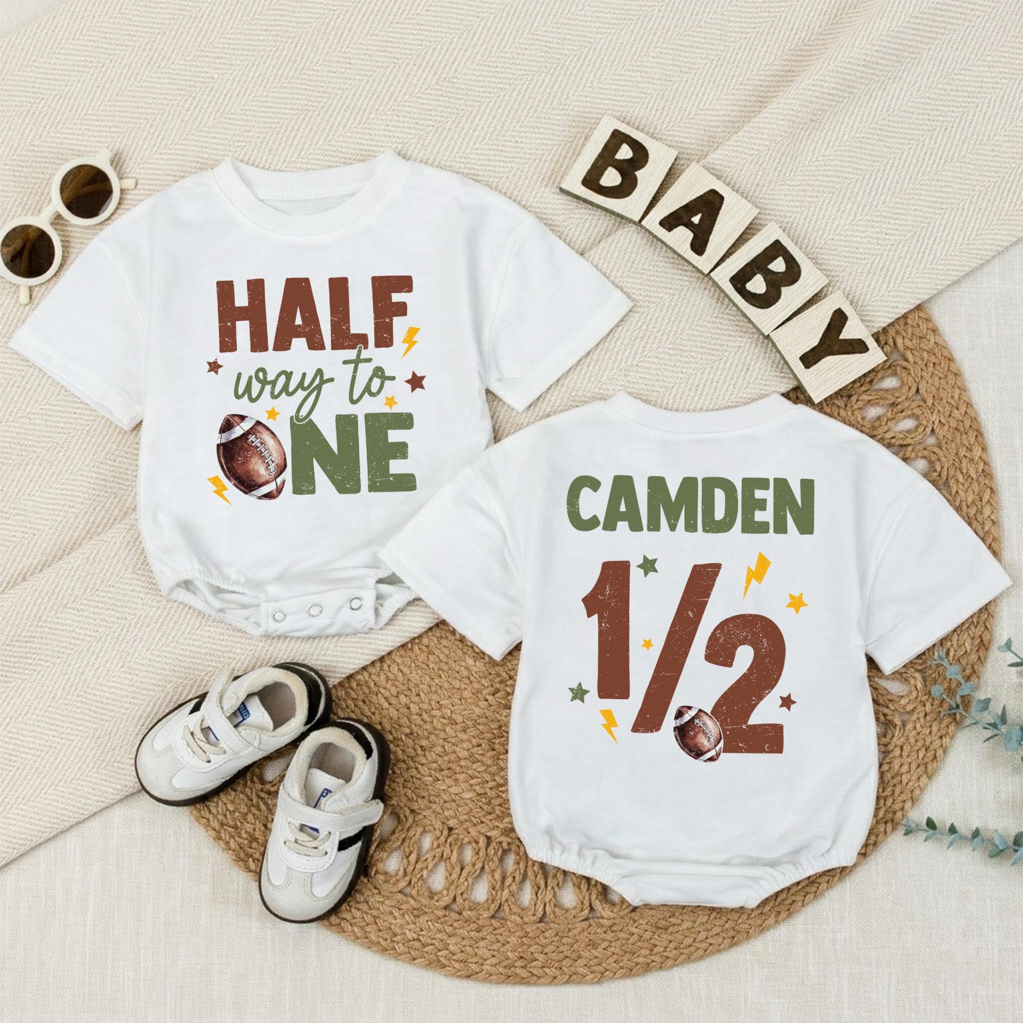 Half Way to One Baby Romper with Football Graphic and Custom Name, Half Birthday Outfit, Sports Theme Baby Gift for Milestone Photos