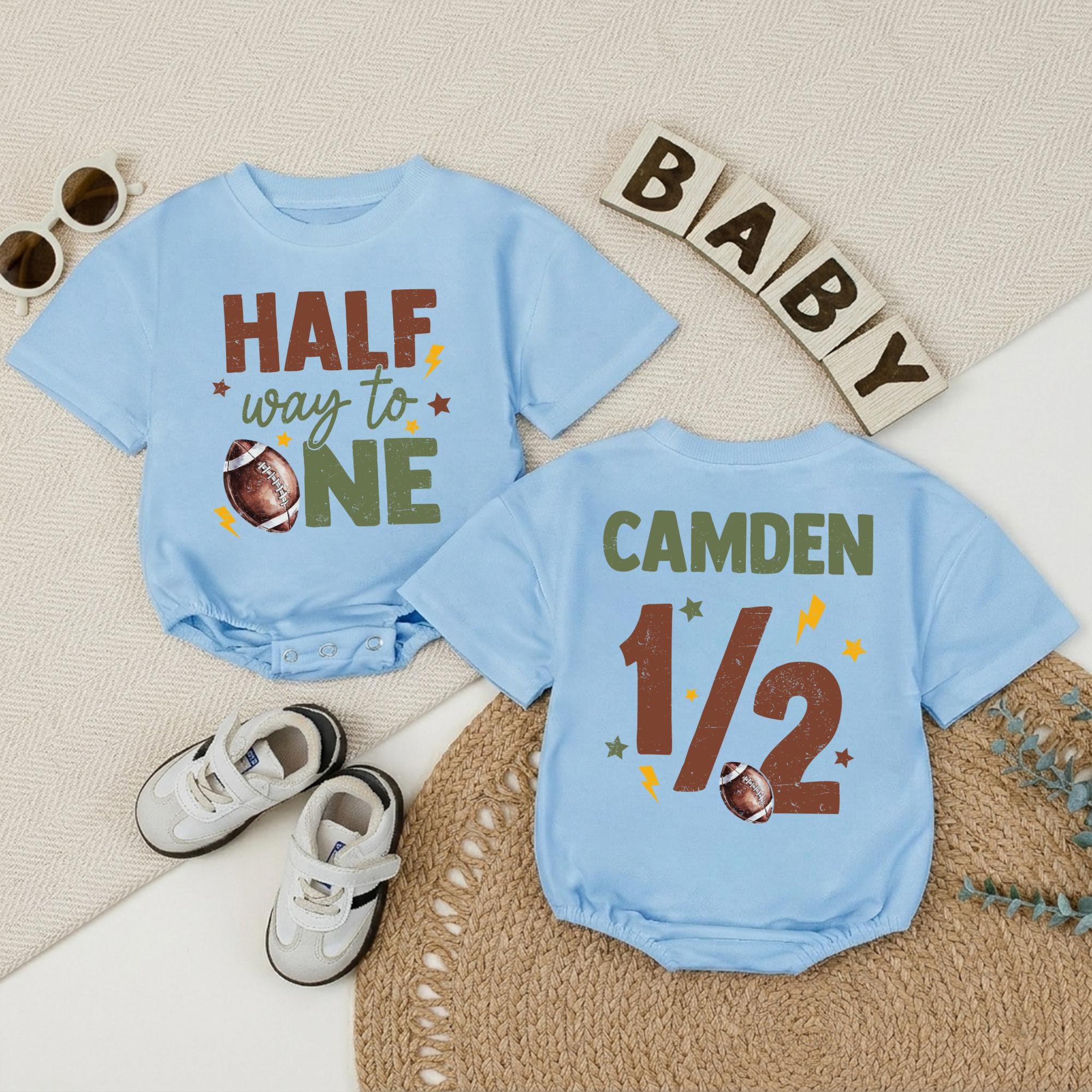 Half Way to One Baby Romper with Football Graphic and Custom Name, Half Birthday Outfit, Sports Theme Baby Gift for Milestone Photos
