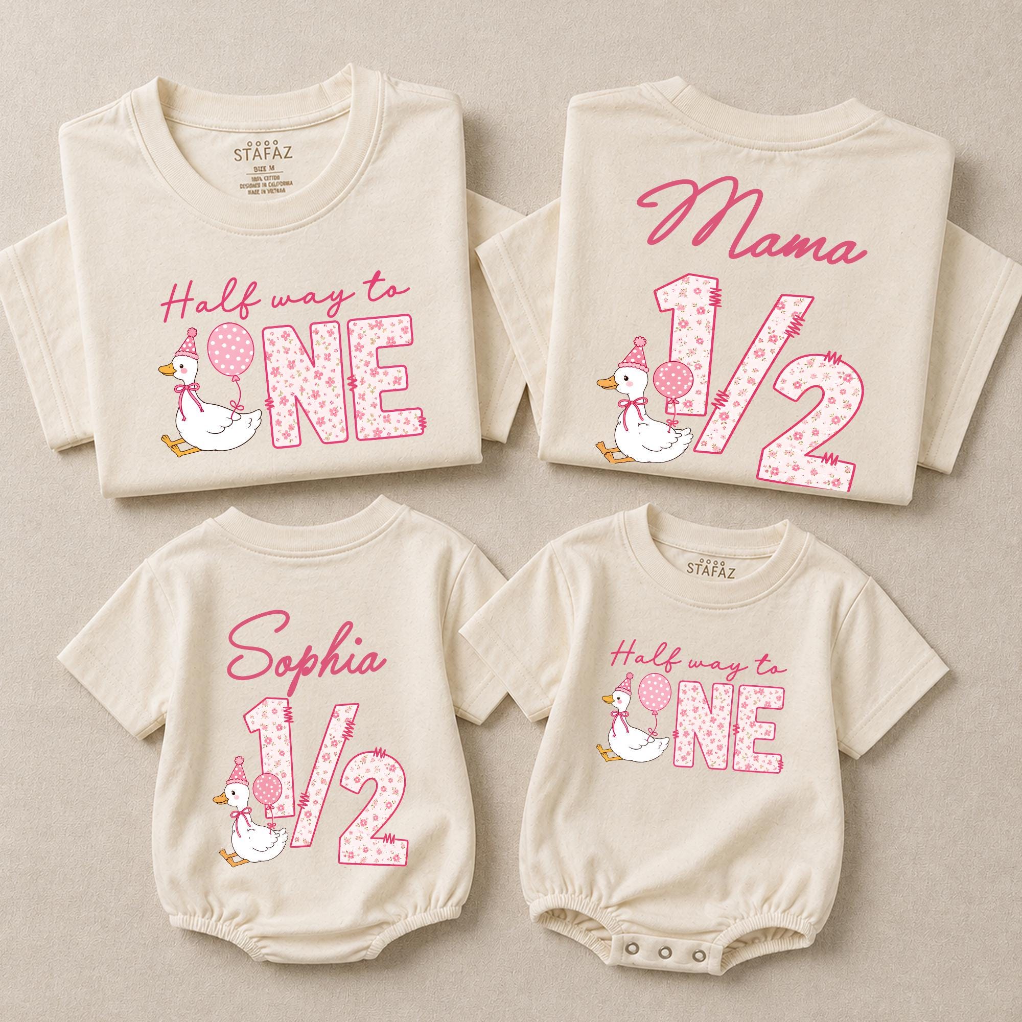 Half Way to One Baby Romper with Goose and Balloon Graphic, Custom Name Milestone Outfit, Matching Family Short Sleeve Set