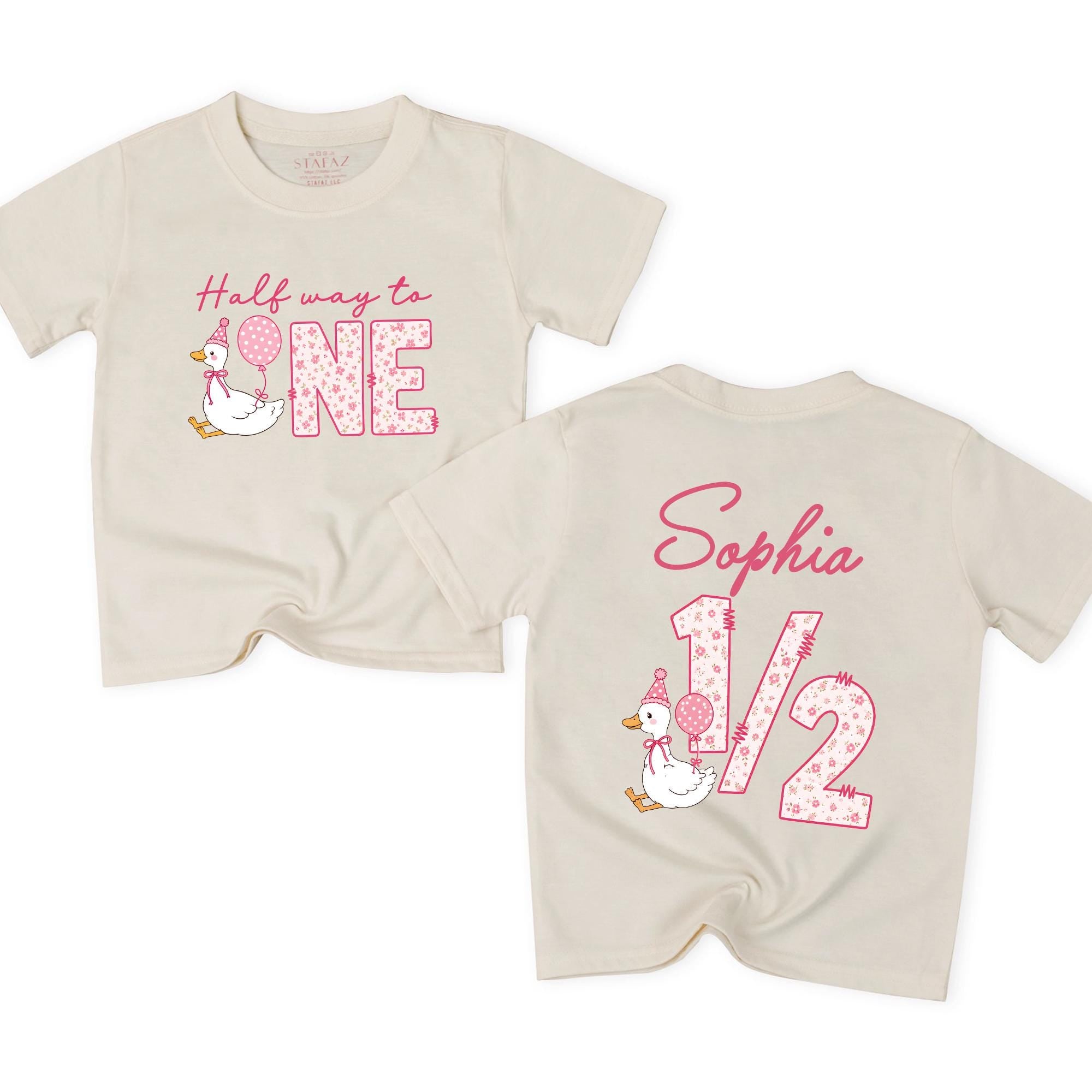 Half Way to One Baby Romper with Goose and Balloon Graphic, Custom Name Milestone Outfit, Matching Family Short Sleeve Set