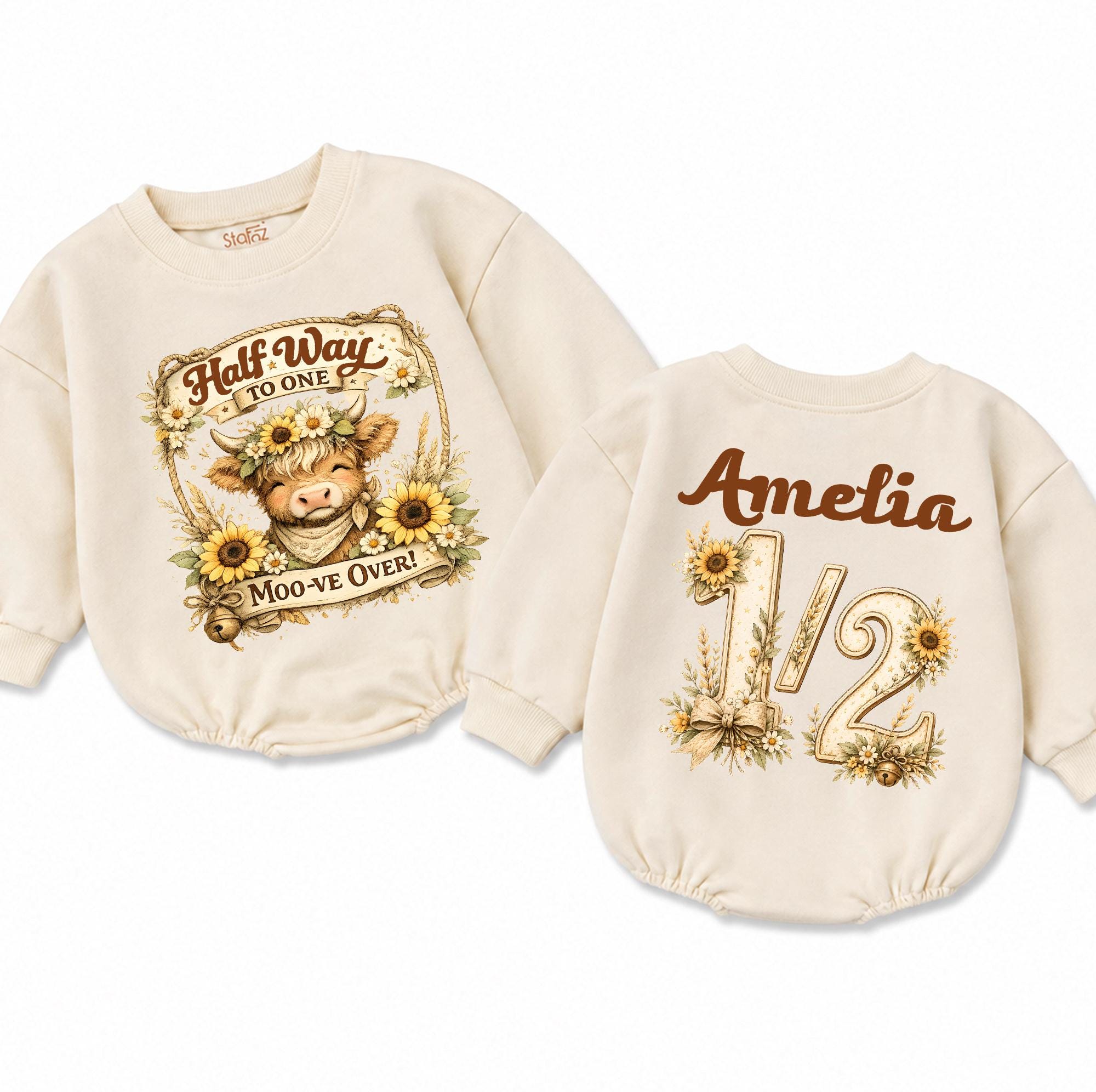 Half Way to One Baby Romper with Highland Cow and Sunflower Design, Custom Name 1/2 Birthday Outfit, 6 Month Milestone Gift