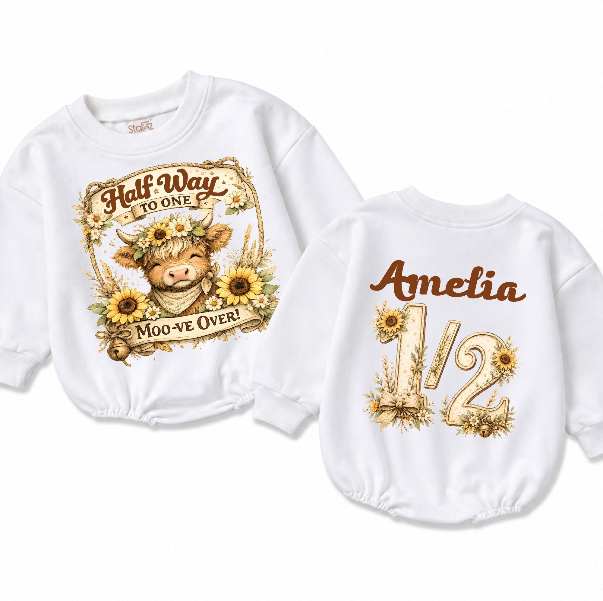 Half Way to One Baby Romper with Highland Cow and Sunflower Design, Custom Name 1/2 Birthday Outfit, 6 Month Milestone Gift