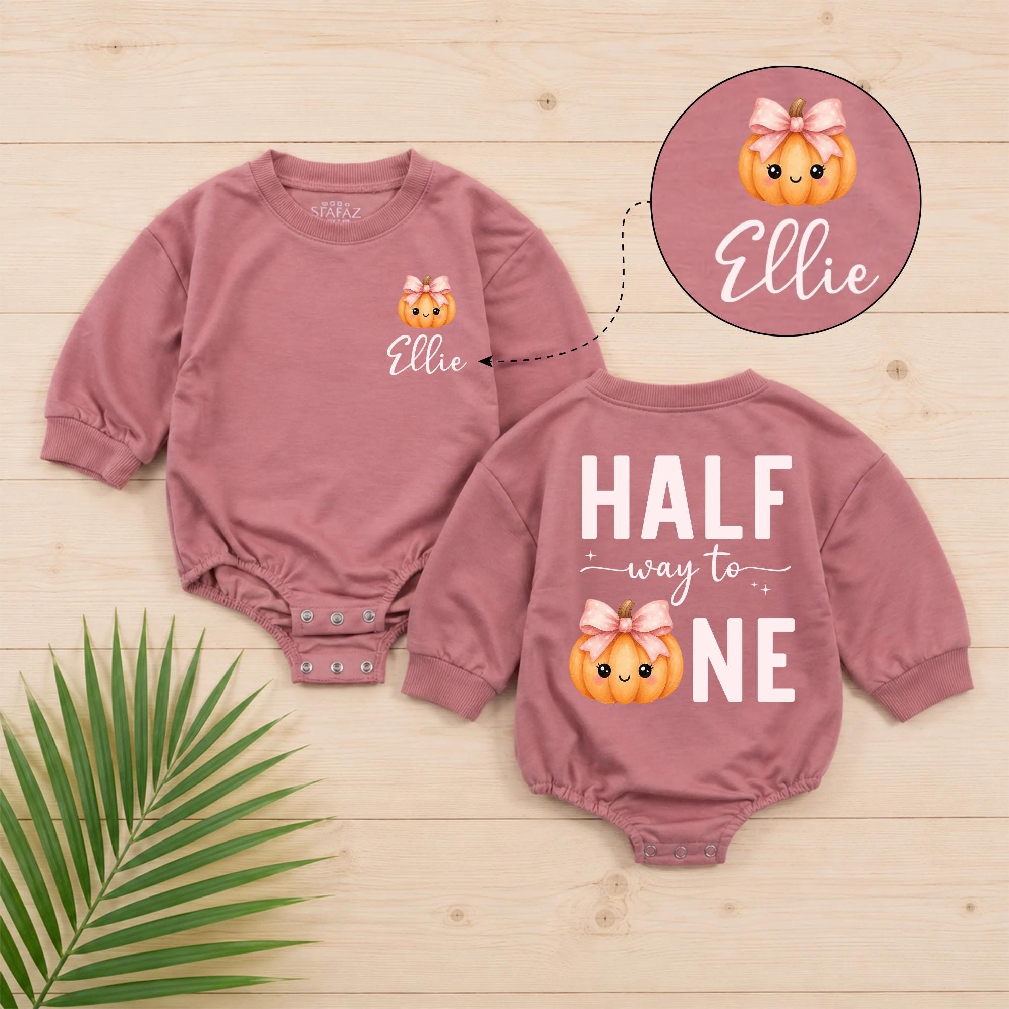 Half Way to One Baby Romper with Pink Pumpkin and Custom Name, 6 Month Birthday Outfit, Half Birthday Baby Girl Bodysuit