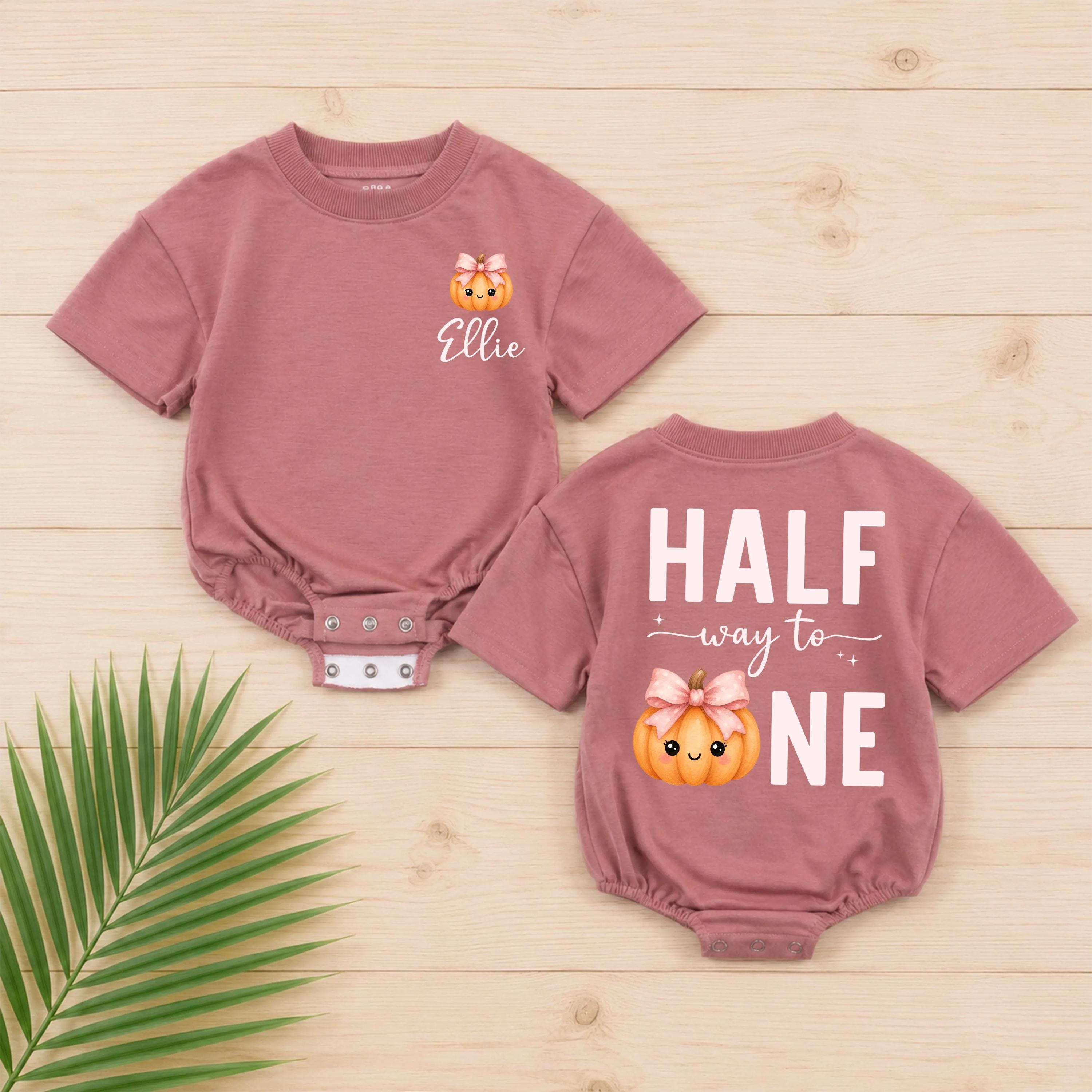 Half Way to One Baby Romper with Pink Pumpkin and Custom Name, 6 Month Birthday Outfit, Half Birthday Baby Girl Bodysuit