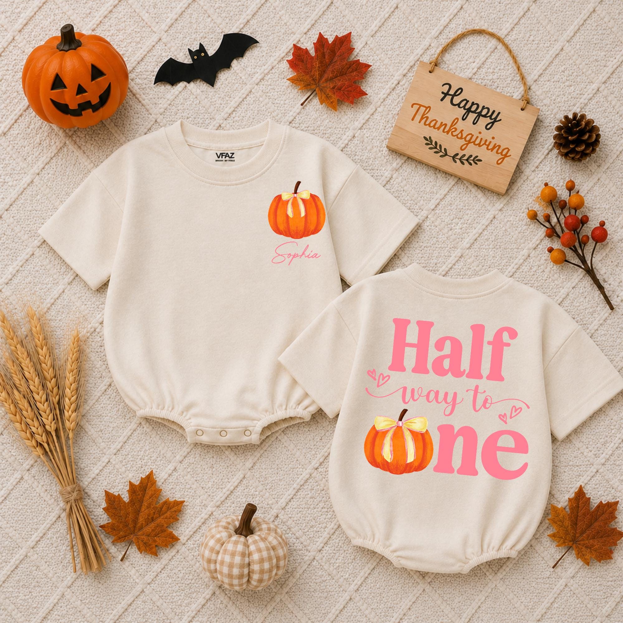 Half Way to One Baby Romper with Pumpkin and Custom Name, 6 Month Birthday Outfit for Girls, Half Birthday Halloween Clothes