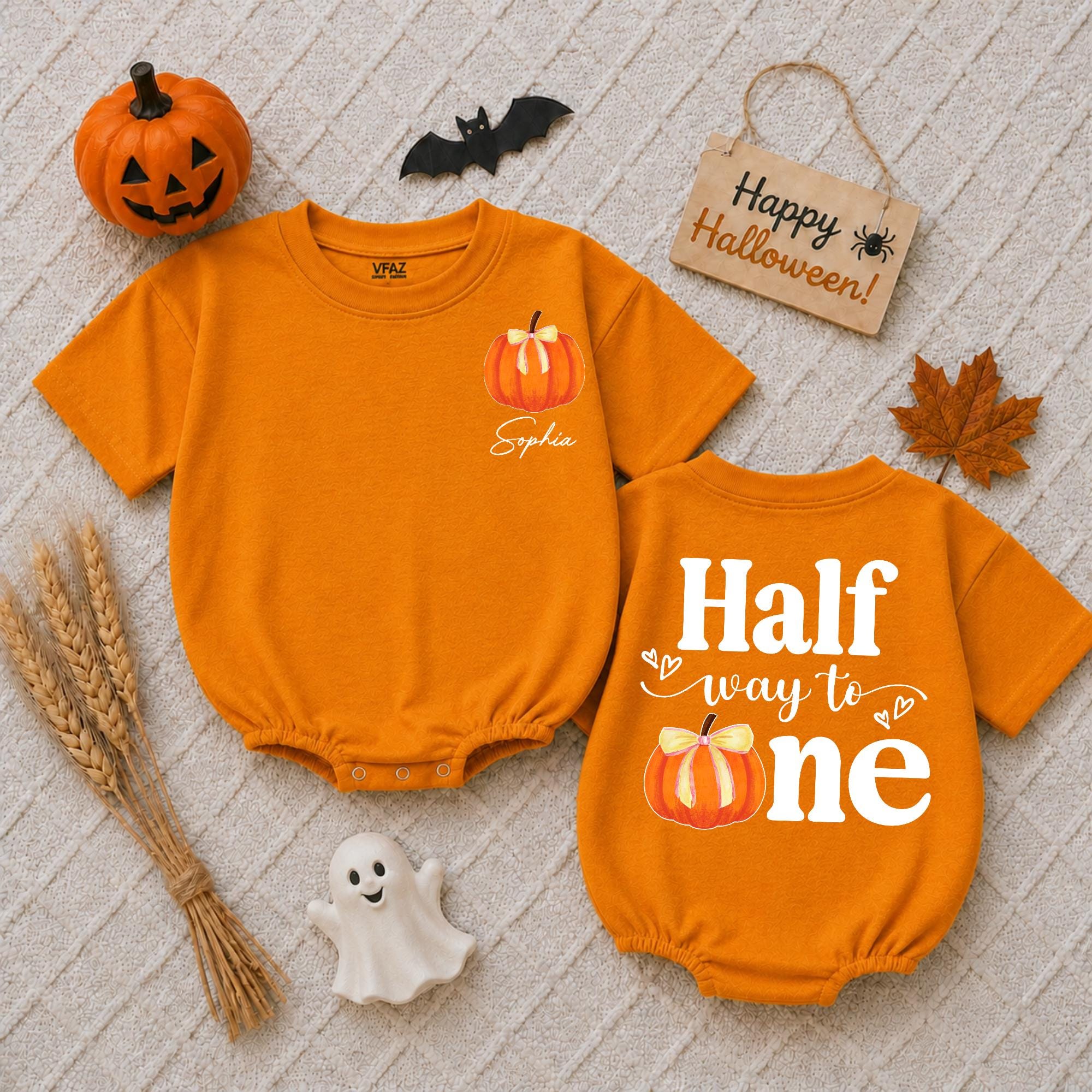 Half Way to One Baby Romper with Pumpkin and Custom Name, 6 Month Birthday Outfit for Girls, Half Birthday Halloween Clothes