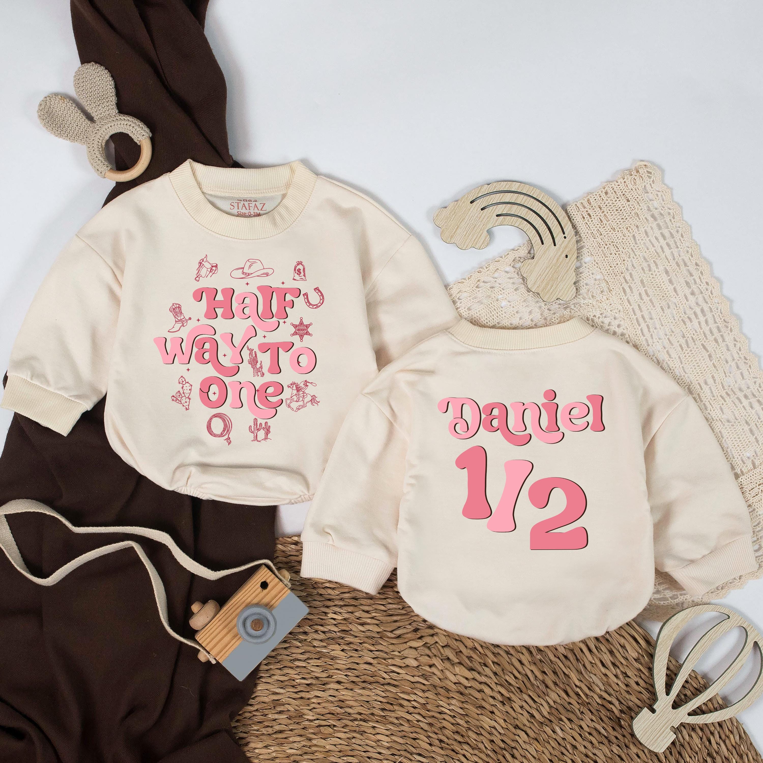 Half Way to One Baby Romper with Retro Cowgirl Graphics, Custom Name Pink Outfit, Western 1/2 Birthday Gift for Girls