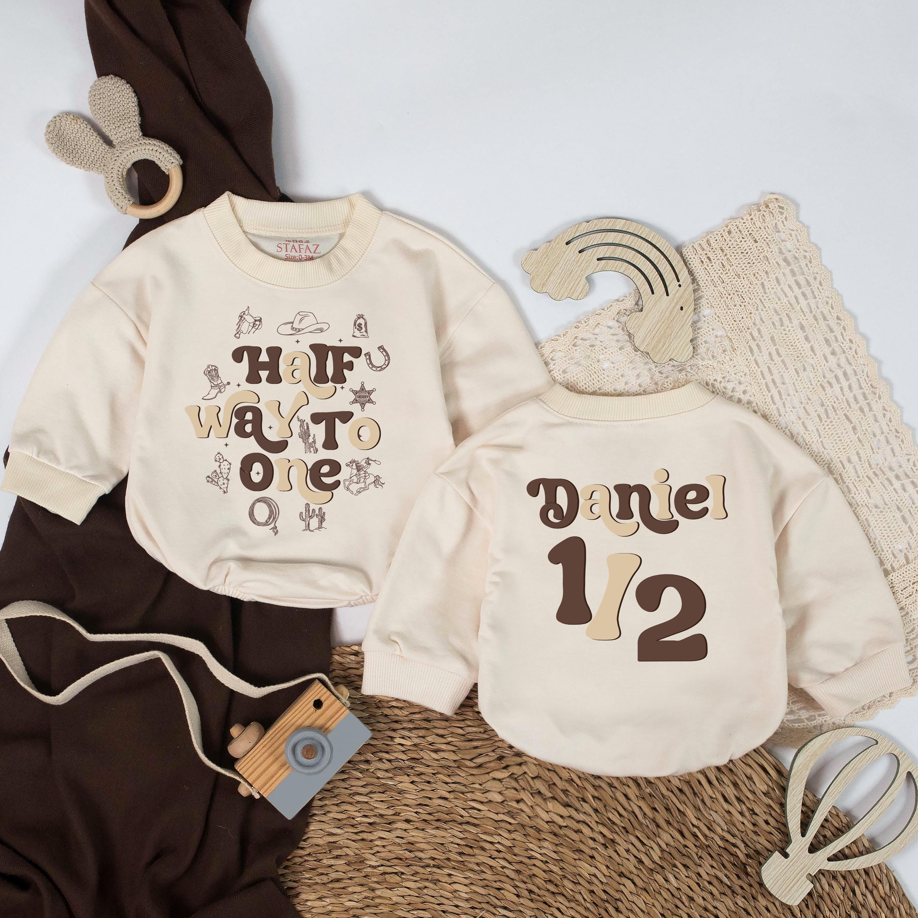 Half Way to One Baby Romper with Retro Cowgirl Graphics, Custom Name Pink Outfit, Western 1/2 Birthday Gift for Girls