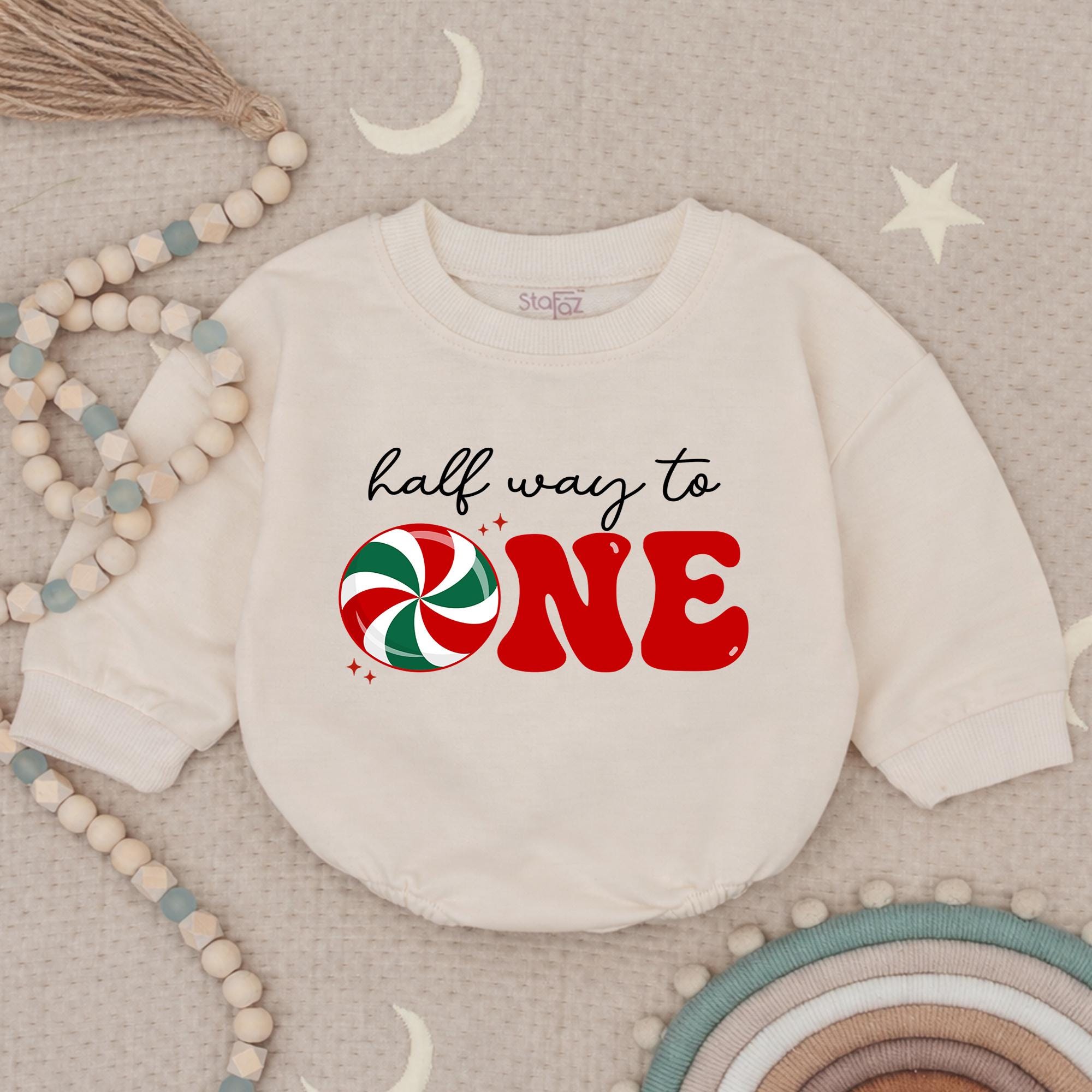 Half Way to One Baby Sweatshirt with Candy Cane Graphic, 6-Month Christmas Outfit, Holiday Milestone Photoshoot Sweater