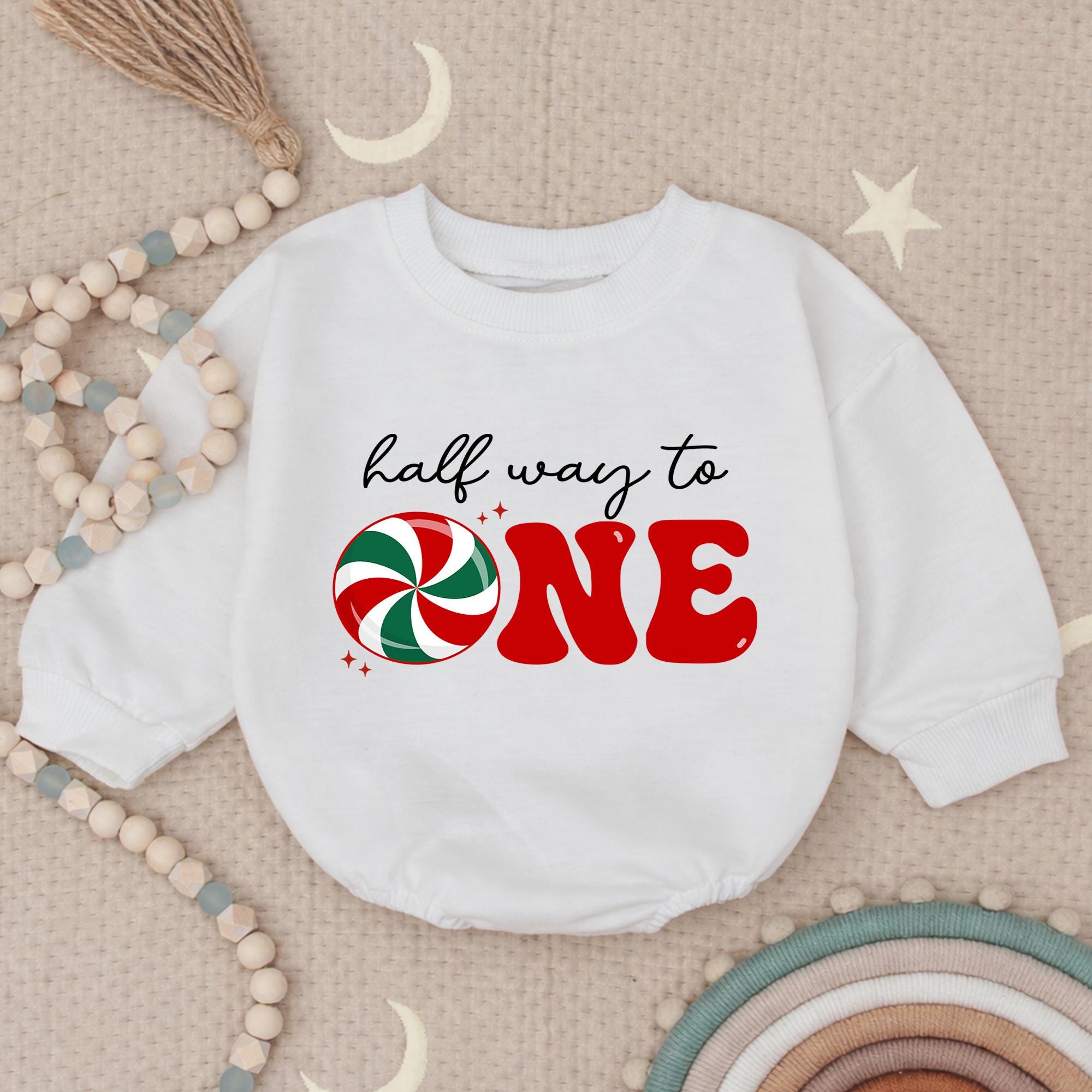 Half Way to One Baby Sweatshirt with Candy Cane Graphic, 6-Month Christmas Outfit, Holiday Milestone Photoshoot Sweater