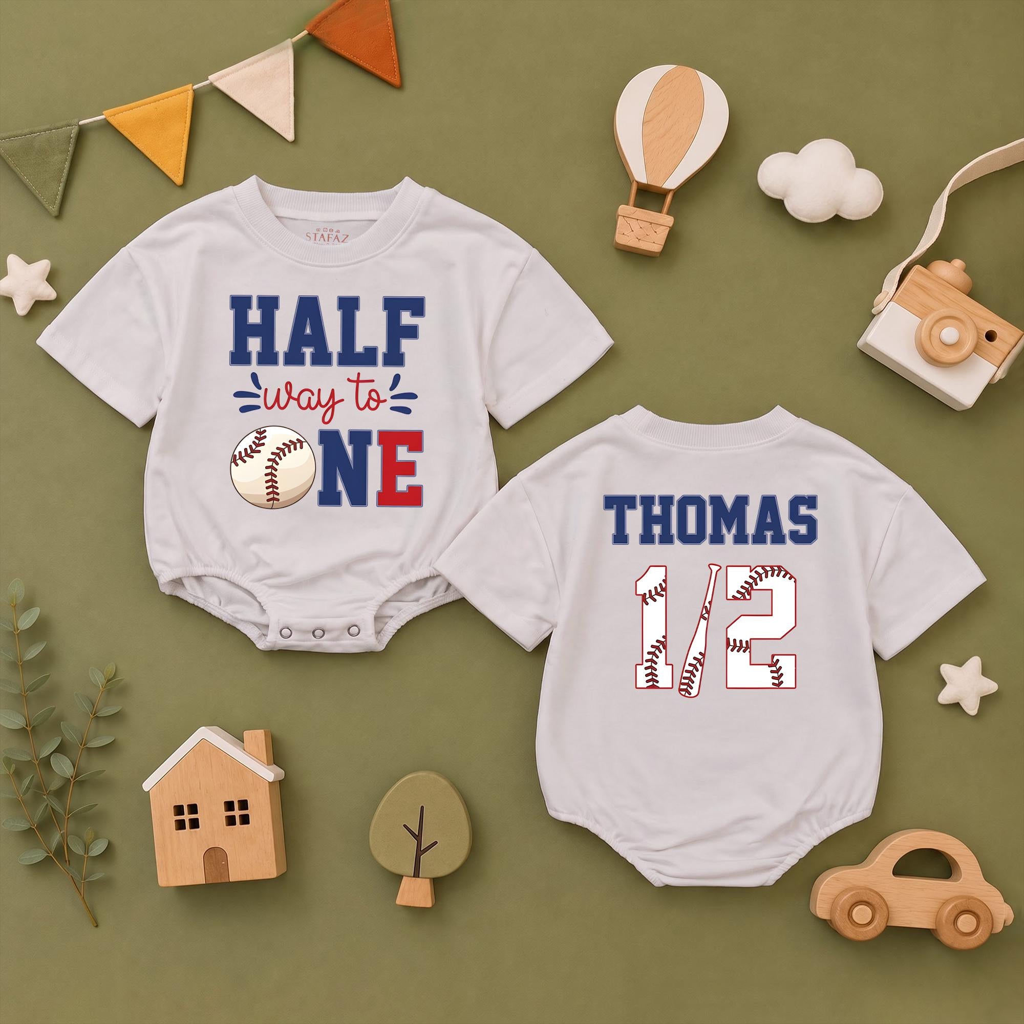 Half Way to One Baseball Baby Romper with Custom Name, 6 Month Birthday Outfit for Baby Boys, Sports-Themed Milestone Gift
