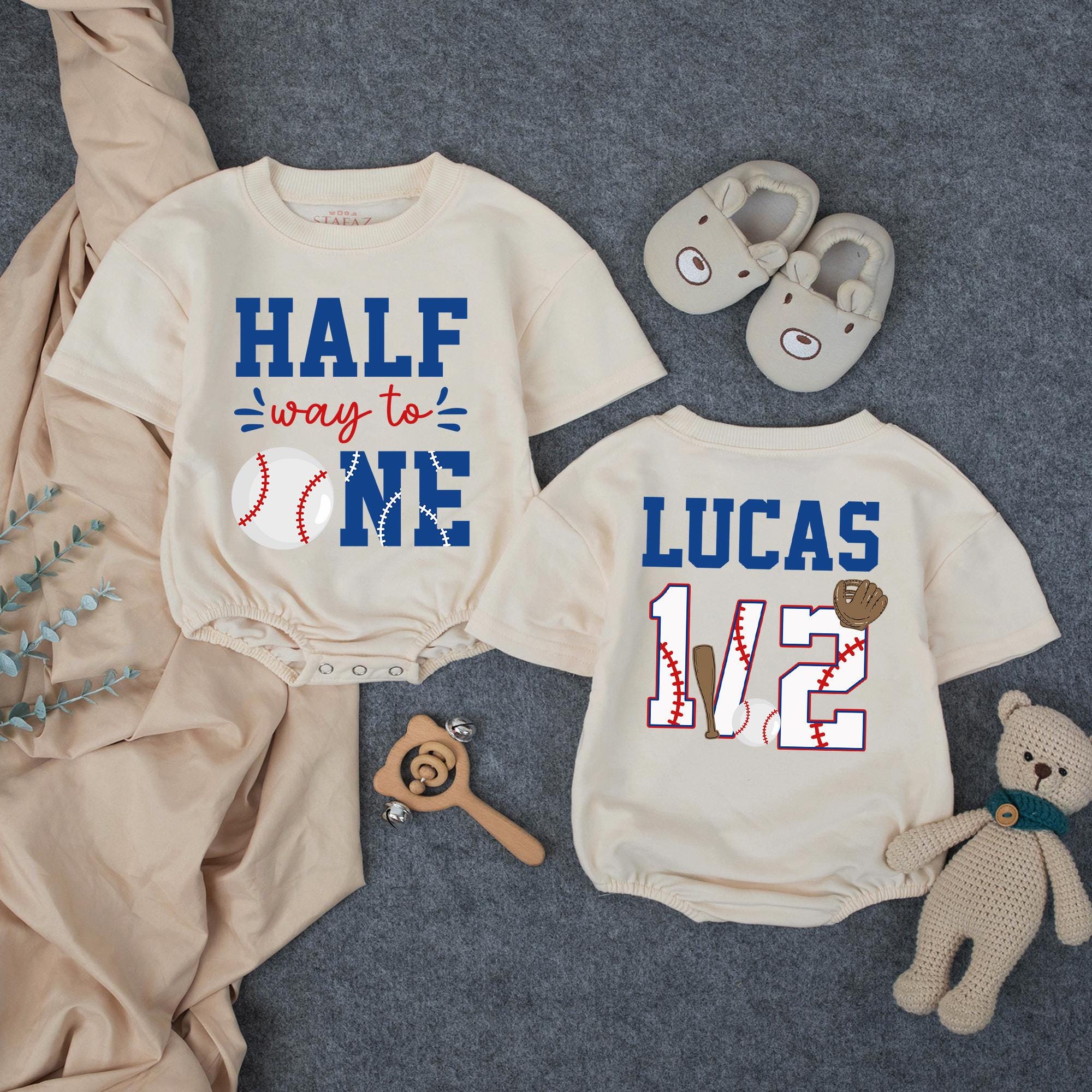 Half Way to One Baseball Baby Romper with Custom Name, 6 Month Milestone Outfit for Boy or Girl, Half Birthday Bubble Romper