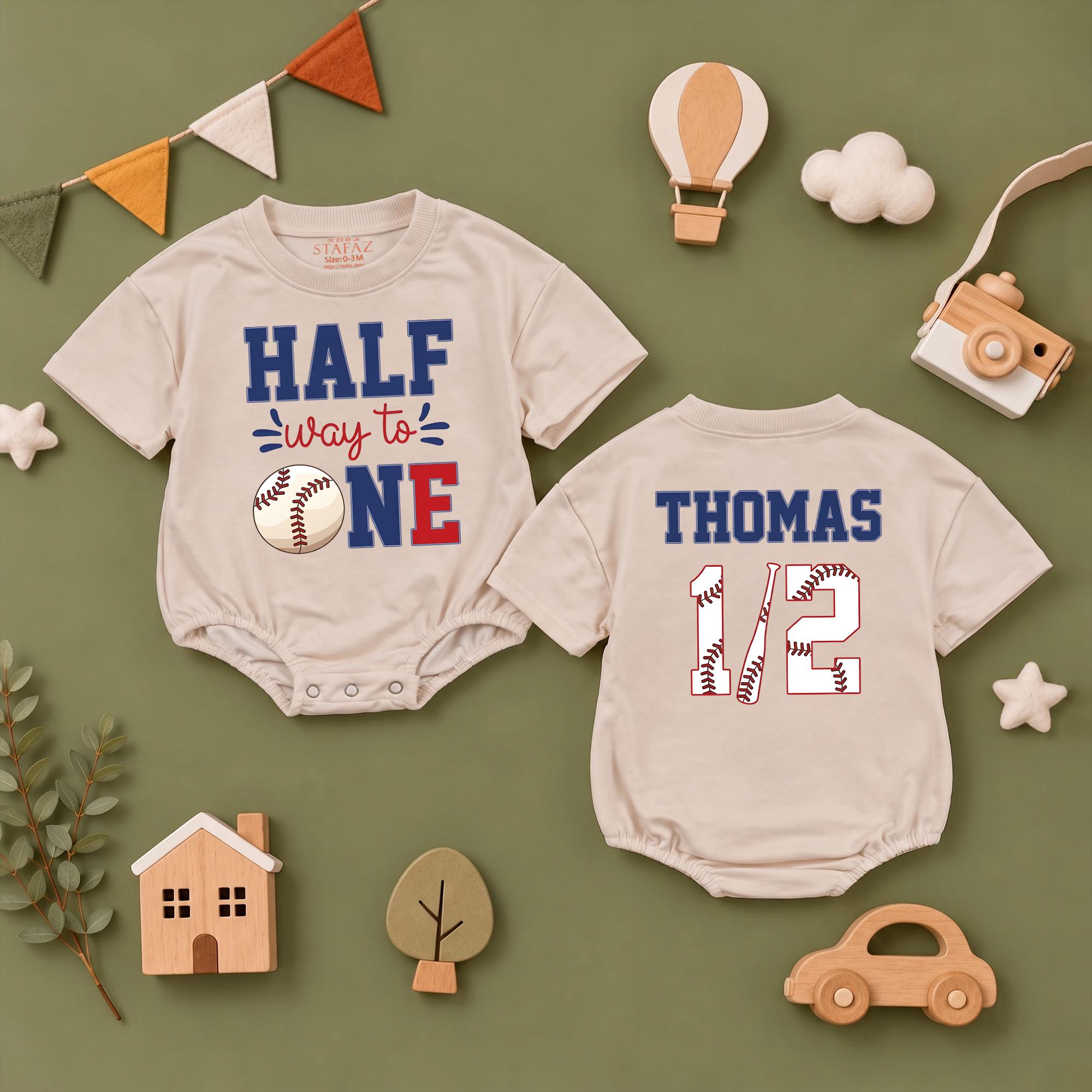 Half Way to One Baseball Baby Romper with Custom Name, 6 Month Birthday Outfit for Baby Boys, Sports-Themed Milestone Gift