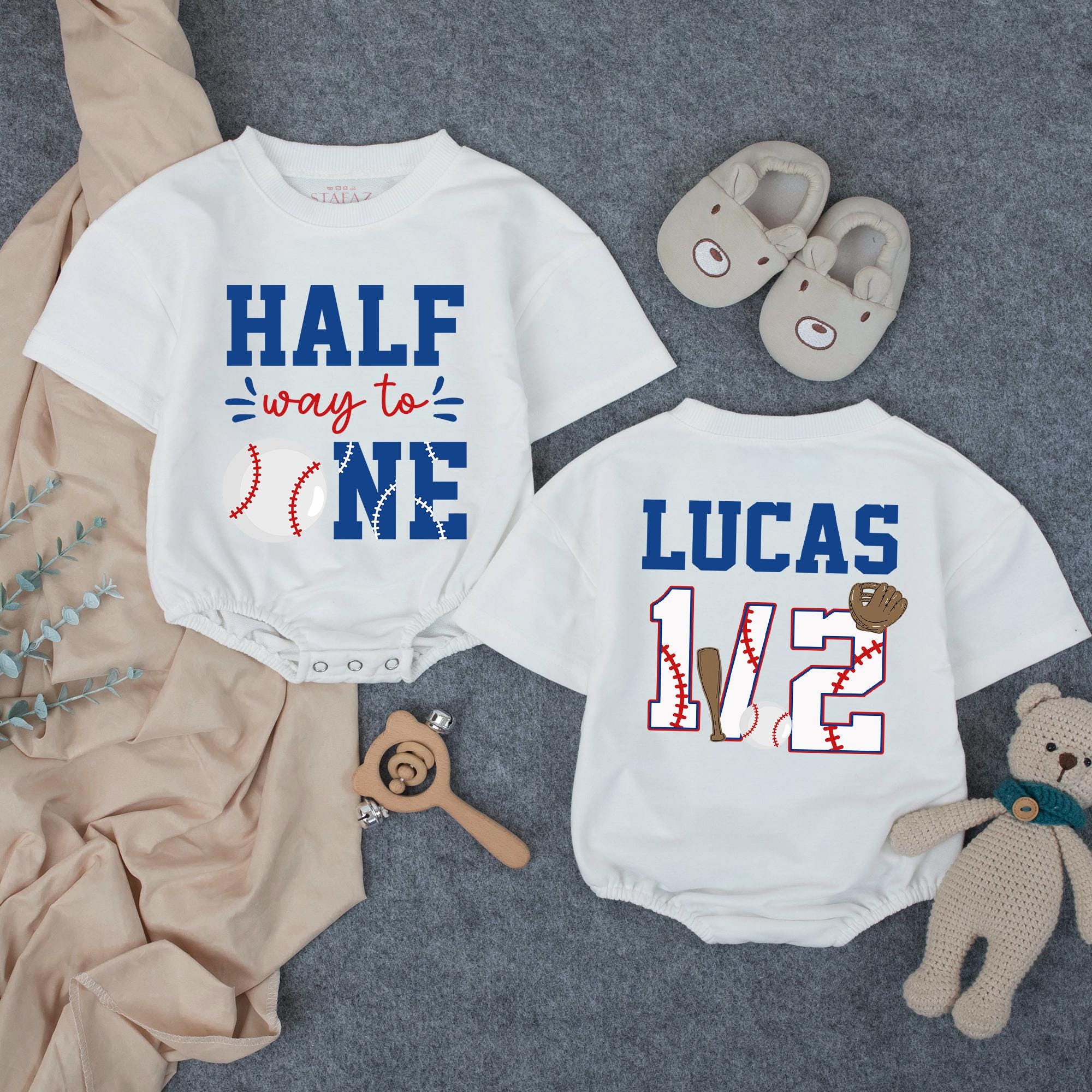 Half Way to One Baseball Baby Romper with Custom Name, 6 Month Milestone Outfit for Boy or Girl, Half Birthday Bubble Romper