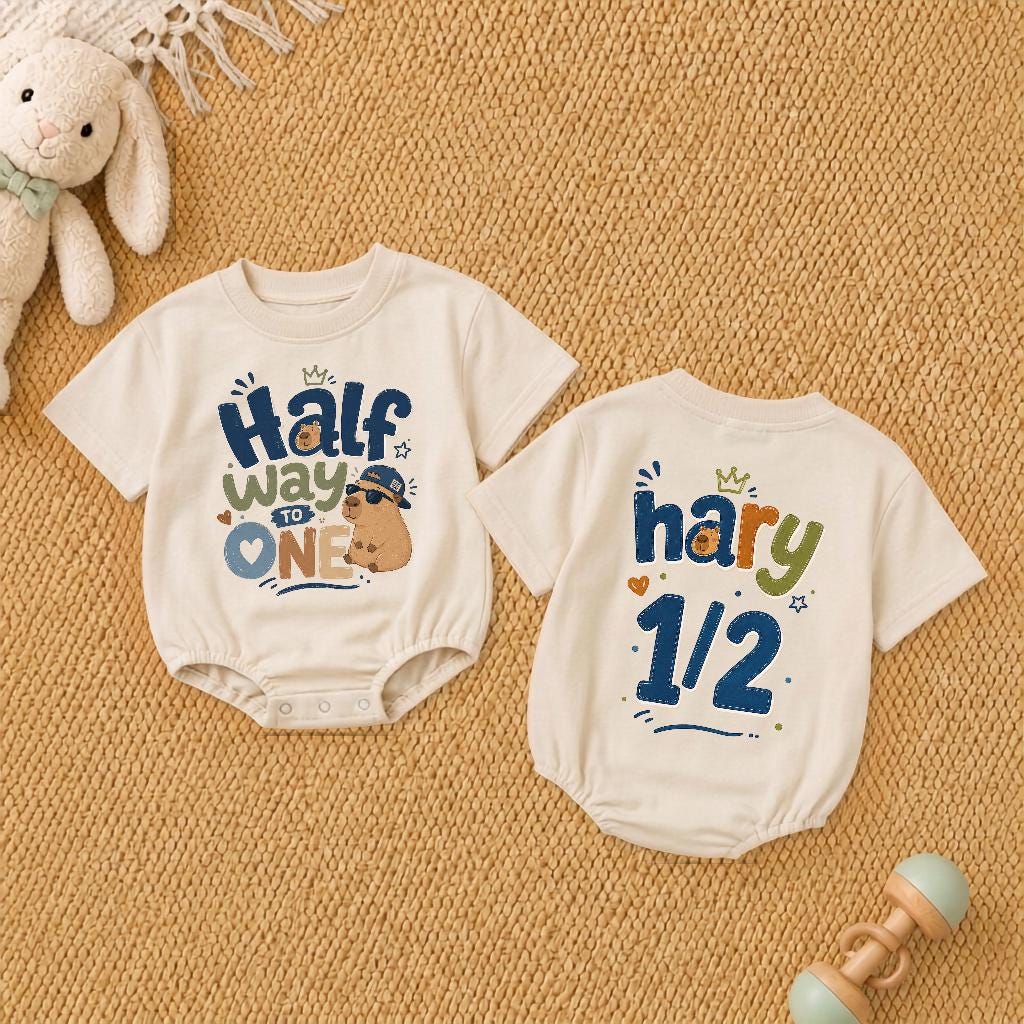 Half Way to One Capybara Baby Romper with Custom Name, 6 Month Birthday Outfit, Cute Milestone Infant Gift for Boys or Girls