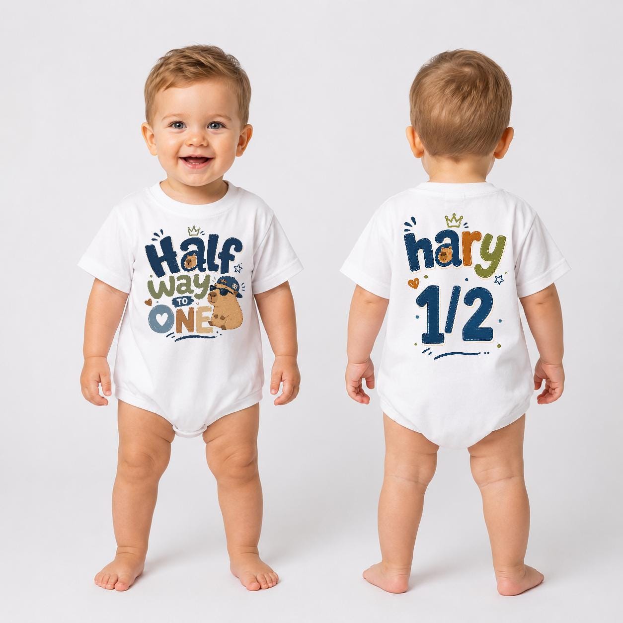 Half Way to One Capybara Baby Romper with Custom Name, 6 Month Birthday Outfit, Cute Milestone Infant Gift for Boys or Girls