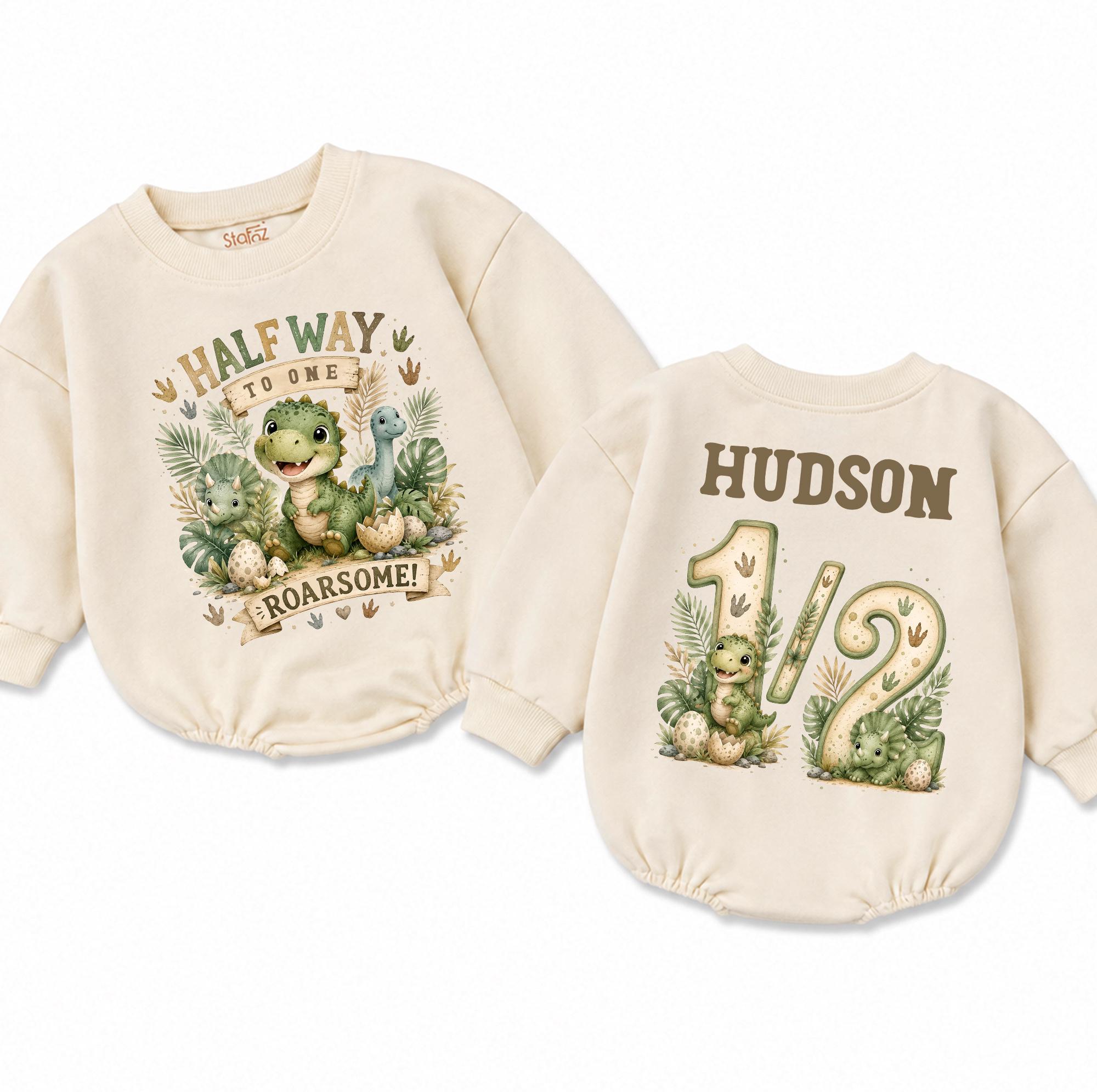 Half Way to One Dinosaur Baby Romper with Roarsome Graphic, Custom Name 6-Month Milestone Outfit, Cute Half Birthday Bodysuit
