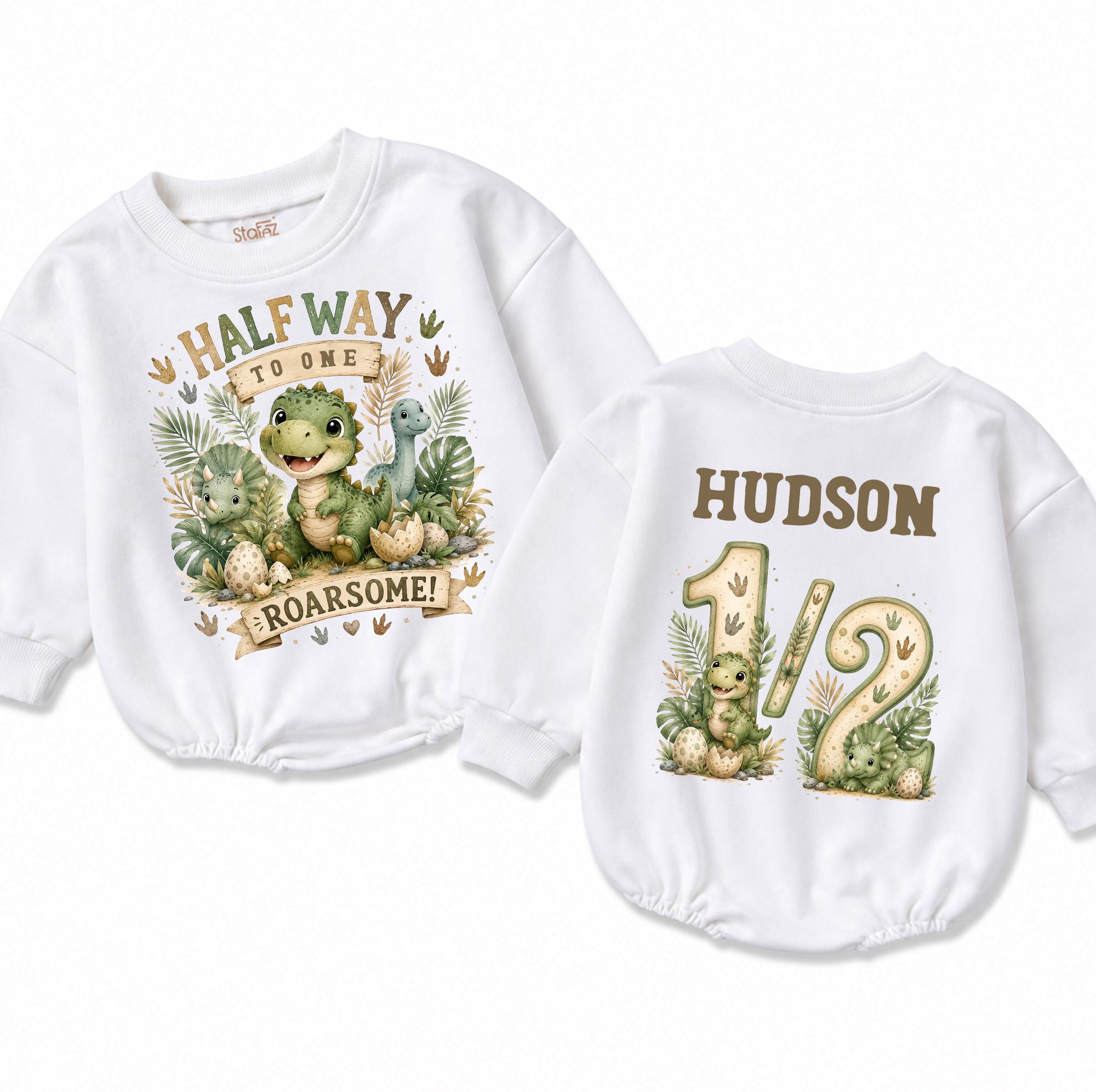 Half Way to One Dinosaur Baby Romper with Roarsome Graphic, Custom Name 6-Month Milestone Outfit, Cute Half Birthday Bodysuit