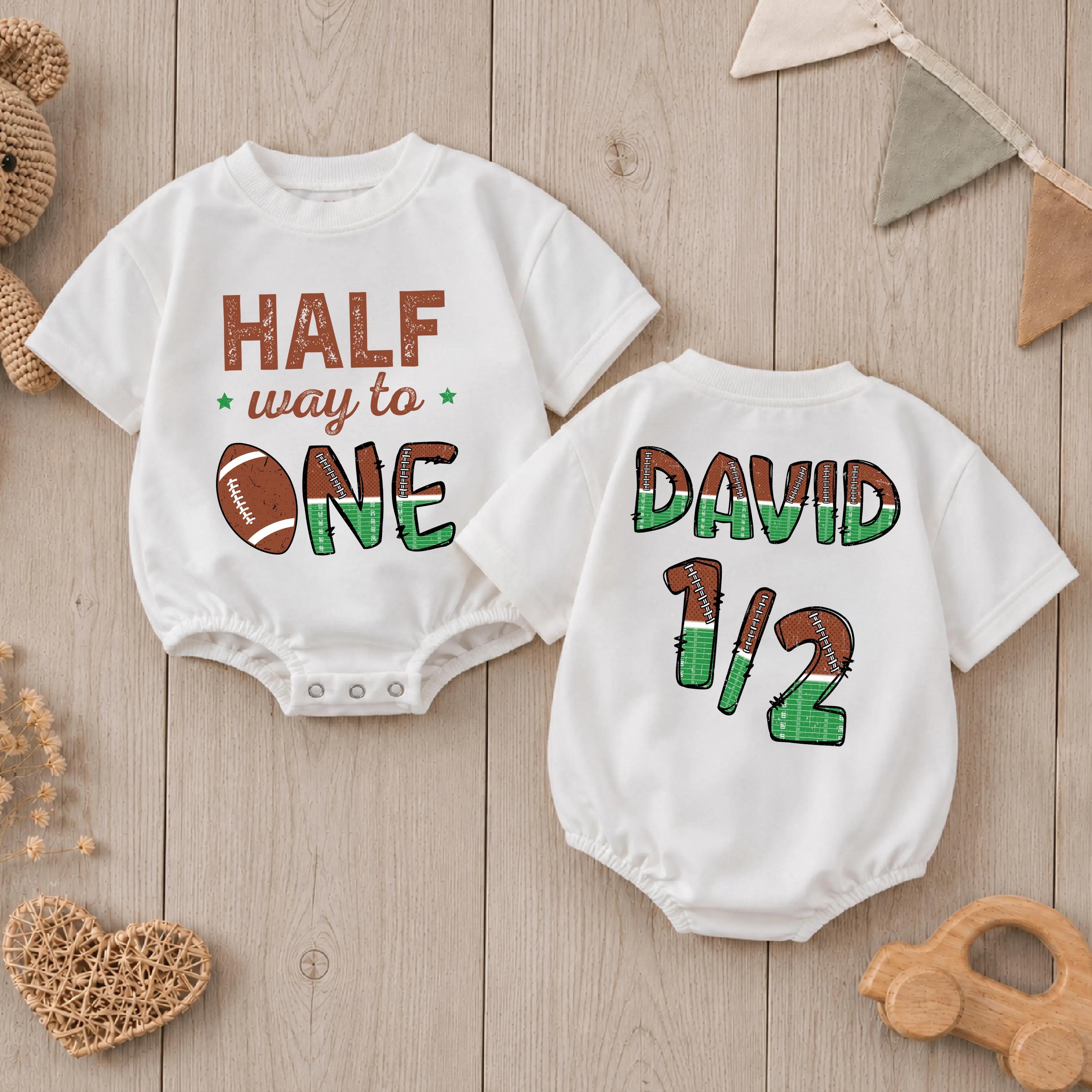 Half Way to One Football Baby Romper with Custom Name, 6-Month Birthday Outfit for Boys, Sports Cake Smash Milestone Clothes