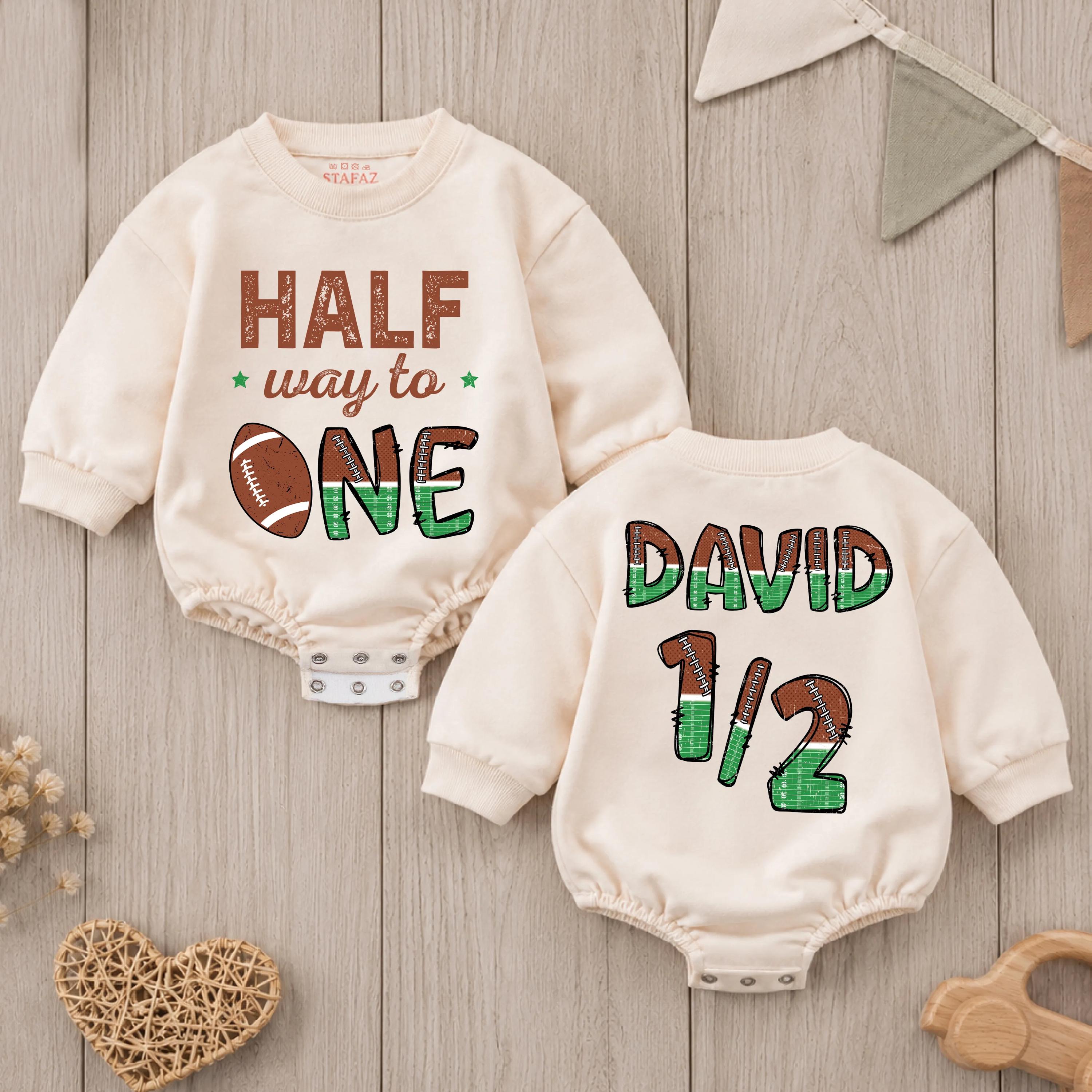 Half Way to One Football Baby Romper with Custom Name, 6-Month Birthday Outfit for Boys, Sports Cake Smash Milestone Clothes