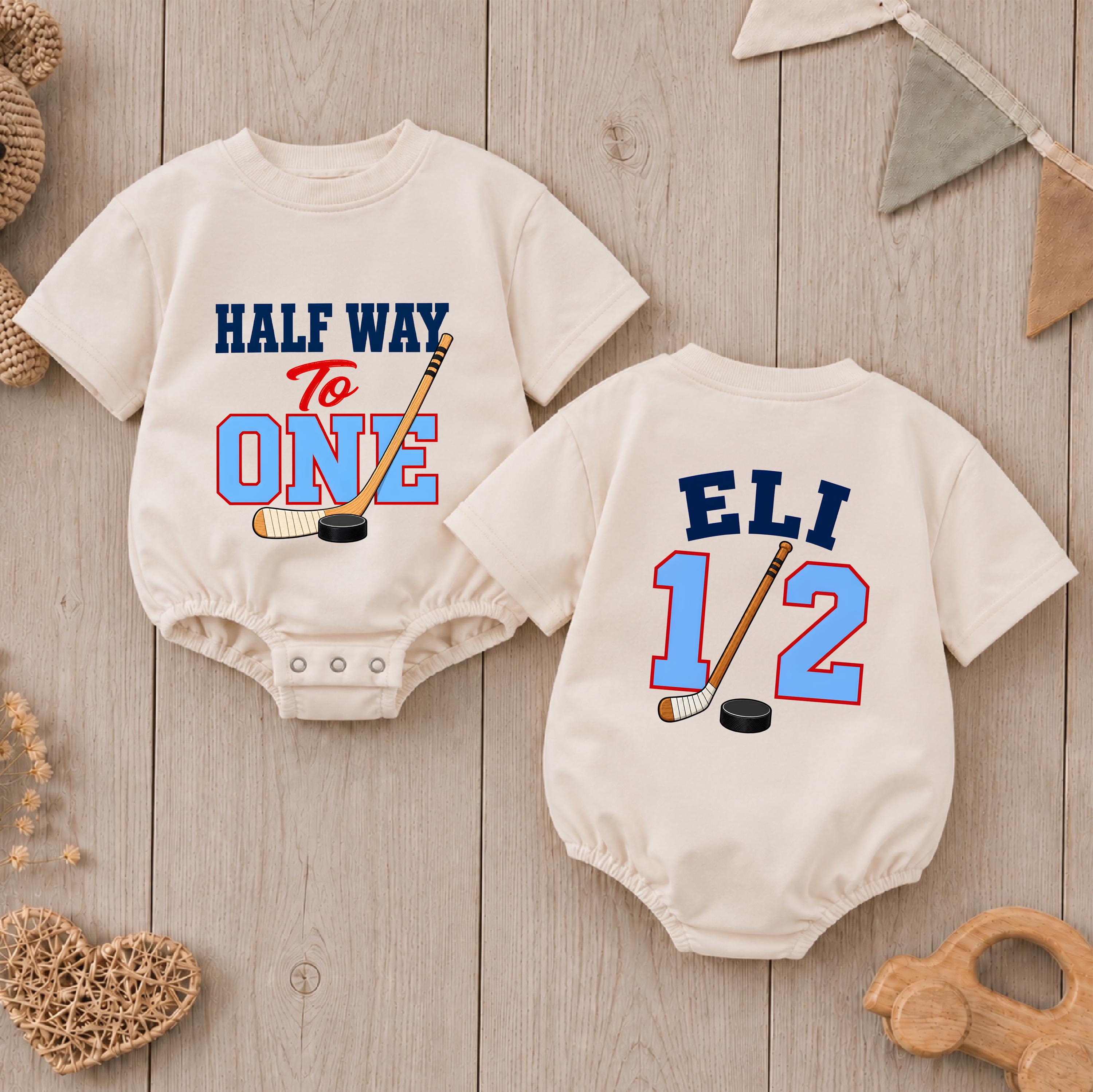Half Way to One Hockey Baby Romper with Custom Name, 6-Month Milestone Outfit for Half Birthday Photos and Celebrations