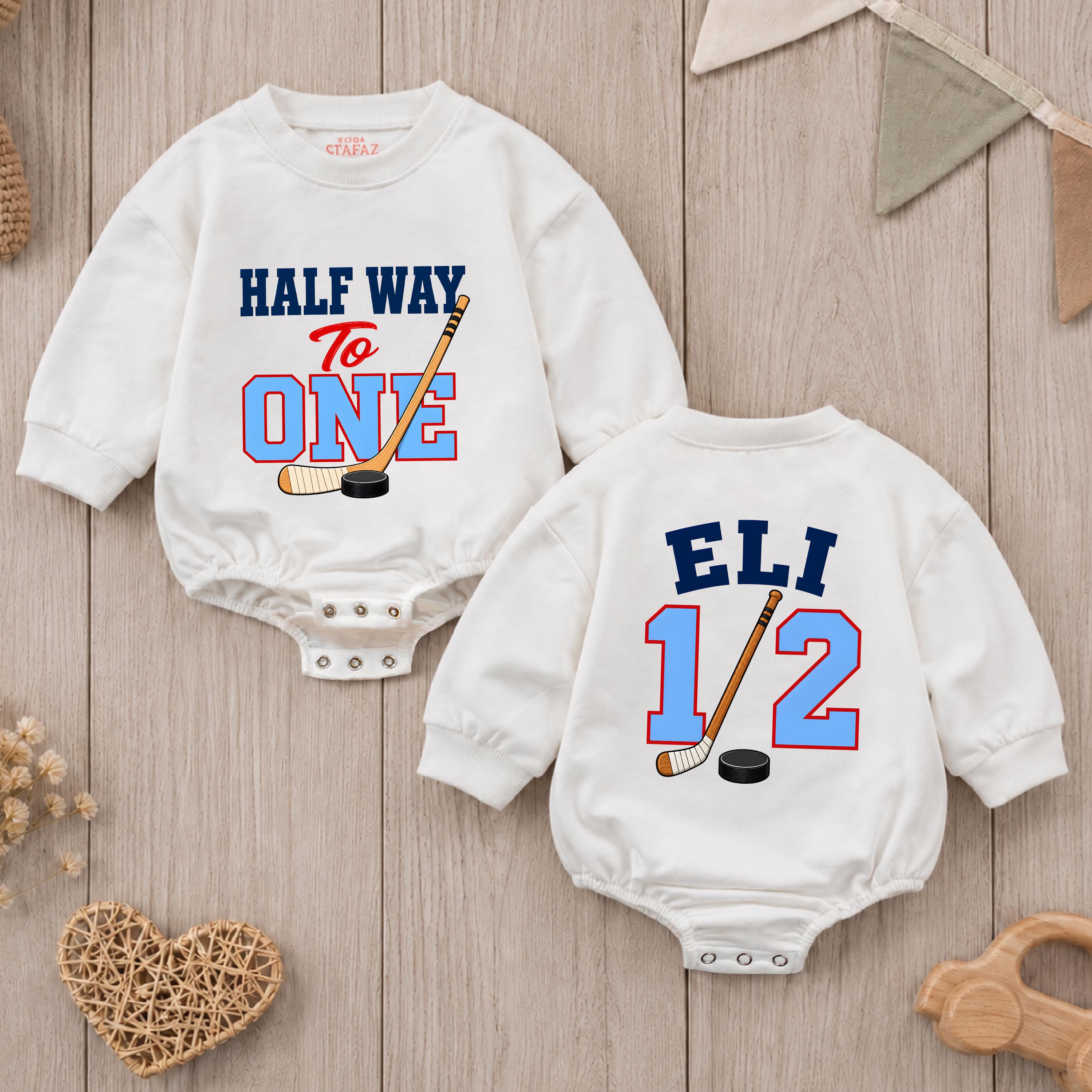 Half Way to One Hockey Baby Romper with Custom Name, 6-Month Milestone Outfit for Half Birthday Photos and Celebrations