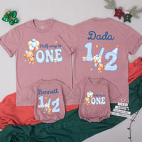 Half Way to One Matching Family Shirts with Cute Bear and Balloon Artwork, Personalized 6-Month Milestone Outfit for Baby and Parents
