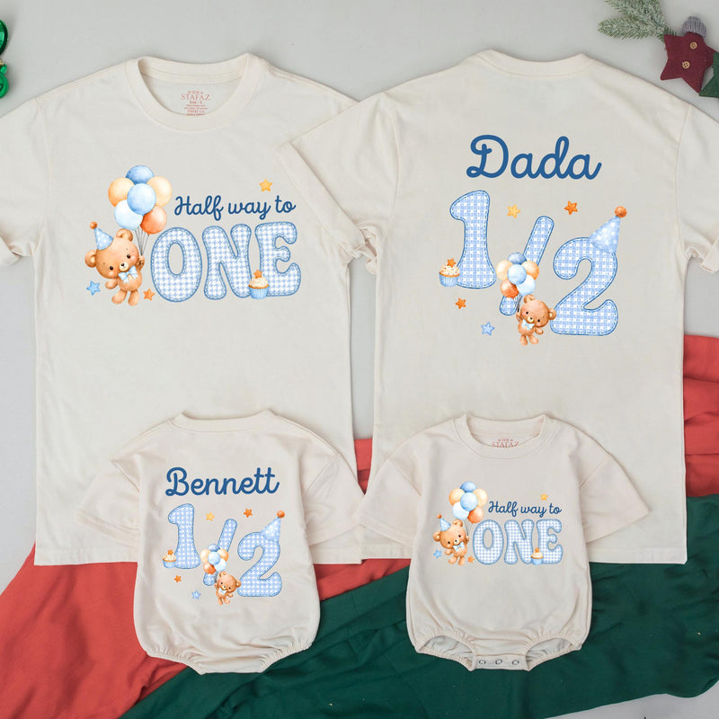 Half Way to One Matching Family Shirts with Cute Bear and Balloon Artwork, Personalized 6-Month Milestone Outfit for Baby and Parents