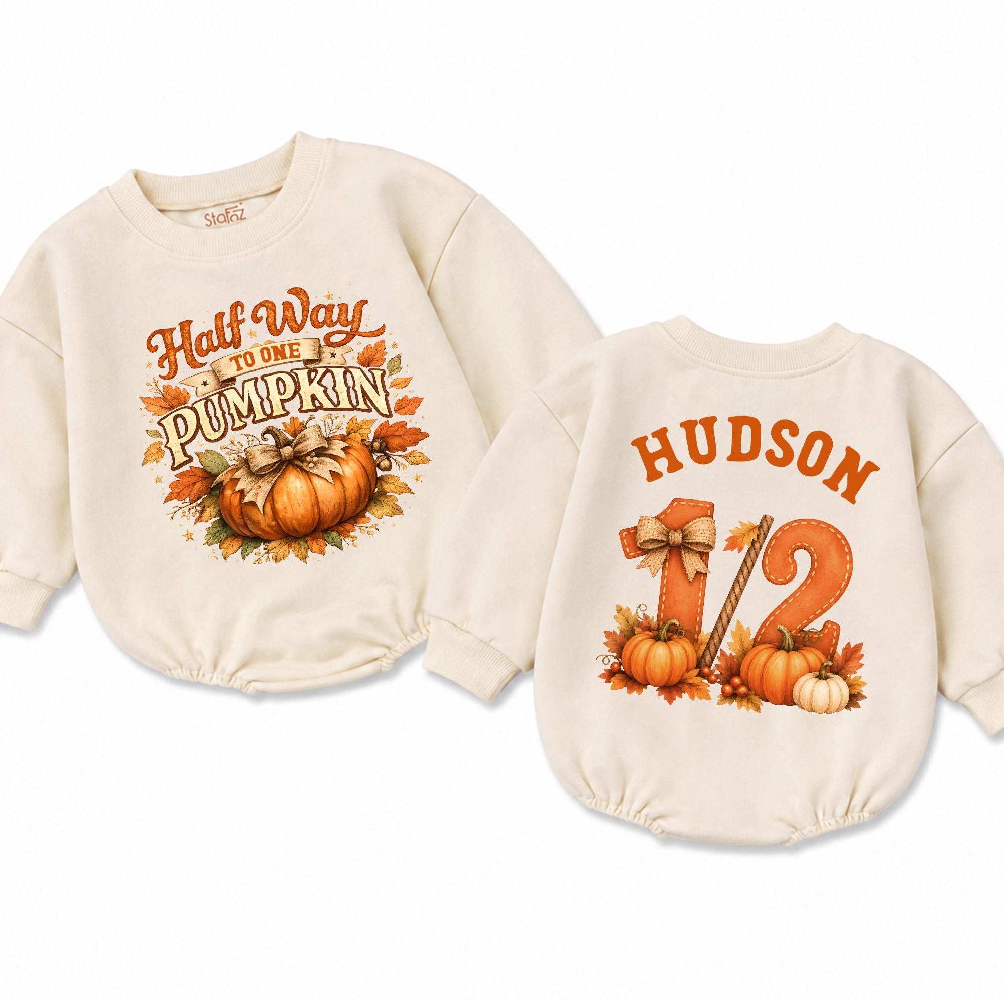 Half Way to One Pumpkin Baby Romper with Custom Name, Autumn 6-Month Milestone Outfit, Fall Pumpkin Patch Baby Clothes