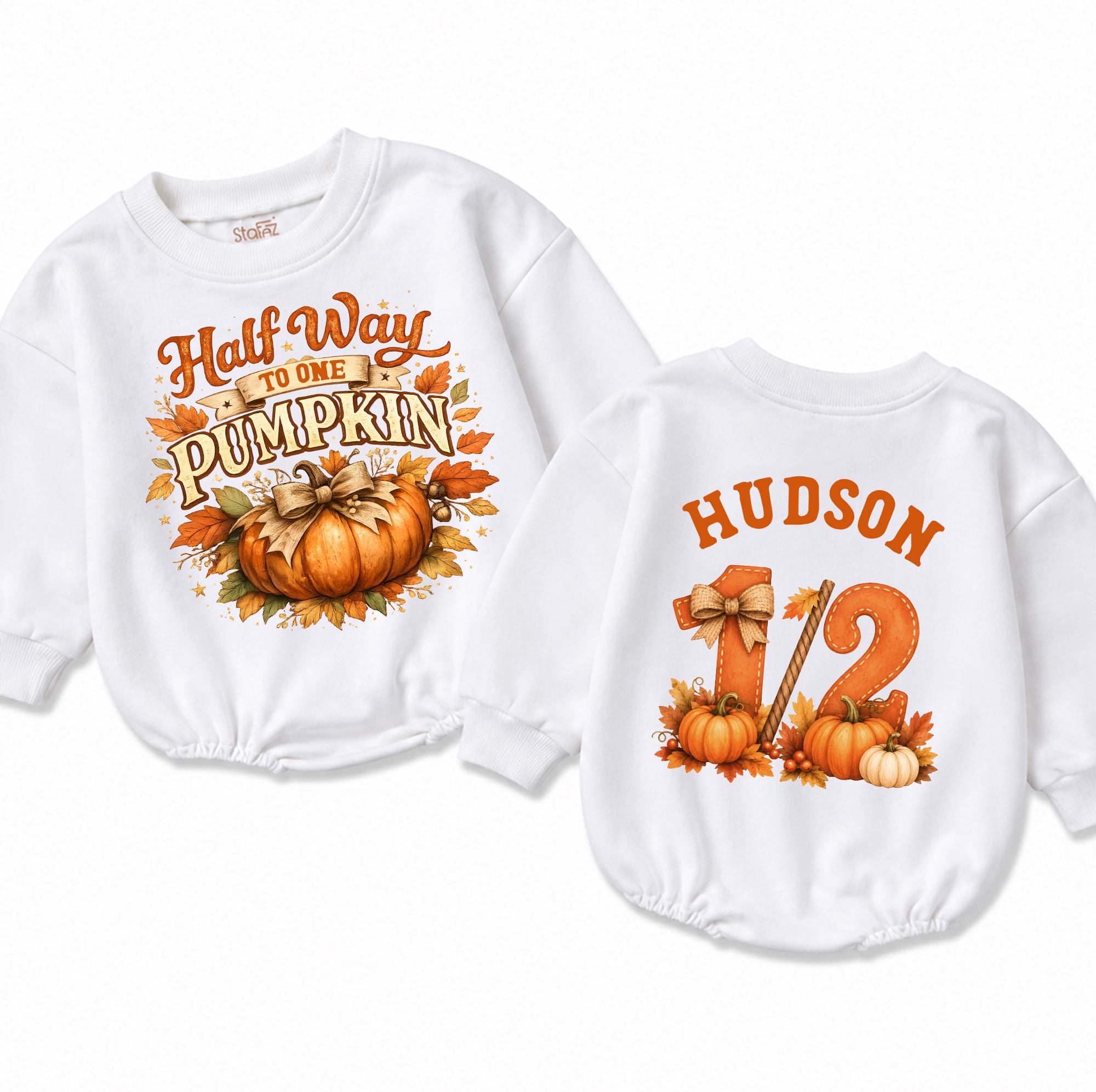 Half Way to One Pumpkin Baby Romper with Custom Name, Autumn 6-Month Milestone Outfit, Fall Pumpkin Patch Baby Clothes