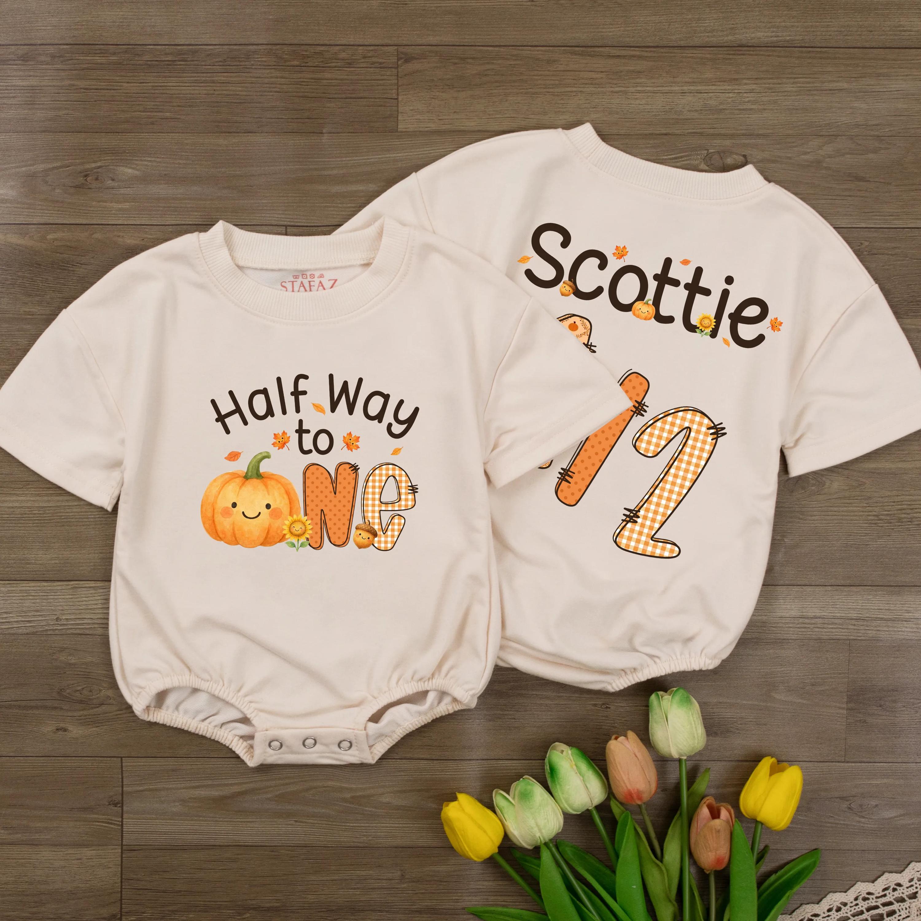 Half Way to One Pumpkin Baby Romper with Custom Name, 6 Month Milestone Outfit, Fall Baby Bodysuit for Pumpkin Patch Photos
