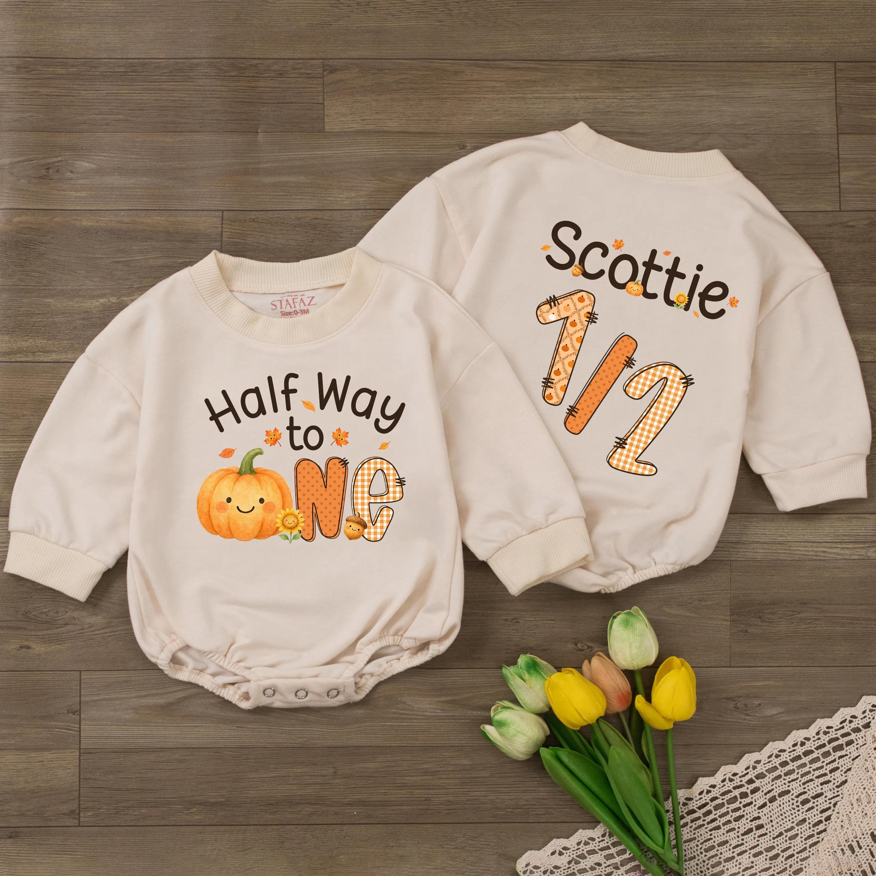 Half Way to One Pumpkin Baby Romper with Custom Name, 6 Month Milestone Outfit, Fall Baby Bodysuit for Pumpkin Patch Photos