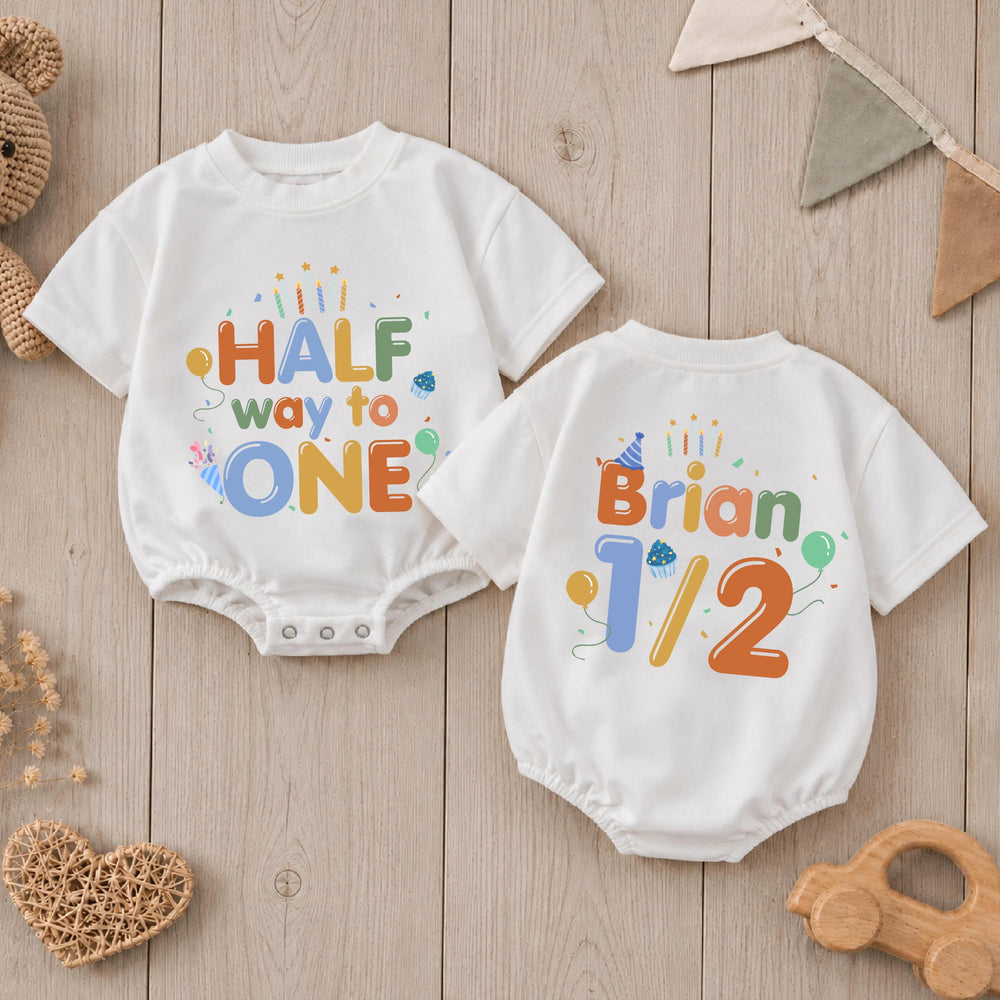 Half Way to One Romper for Baby Boy, Personalized Half Birthday Outfit, 6 Month Milestone Gift with Bright Colors and Party Graphics