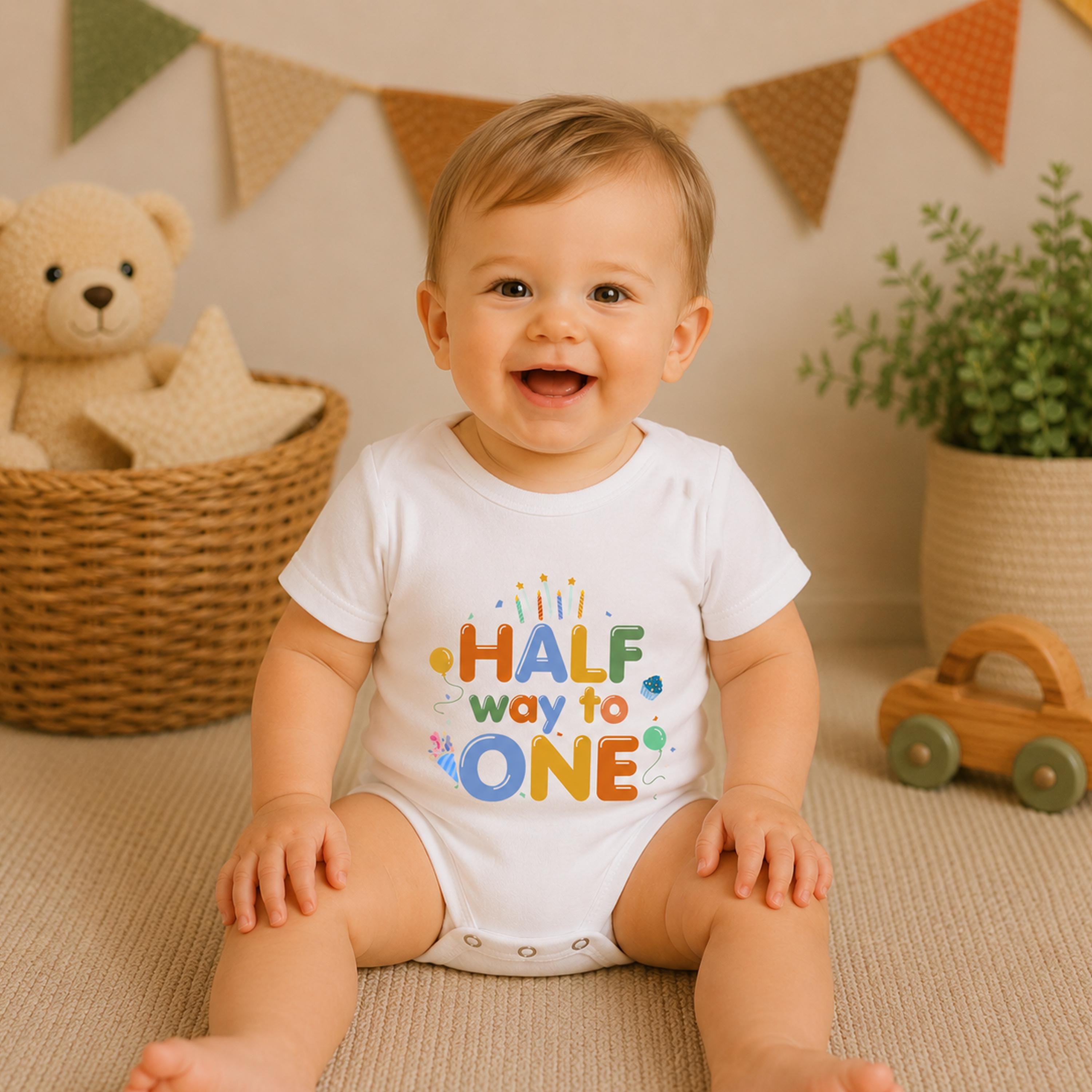 Half Way to One Romper for Baby Boy, Personalized Half Birthday Outfit, 6 Month Milestone Gift with Bright Colors and Party Graphics