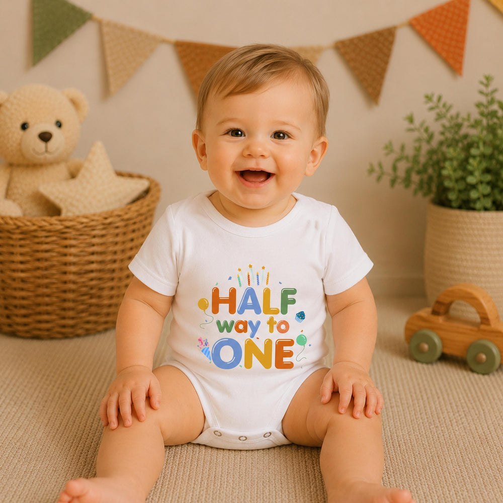 Half Way to One Romper for Baby Boy, Personalized Half Birthday Outfit, 6 Month Milestone Gift with Bright Colors and Party Graphics