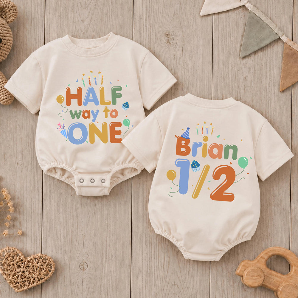 Half Way to One Romper for Baby Boy, Personalized Half Birthday Outfit, 6 Month Milestone Gift with Bright Colors and Party Graphics