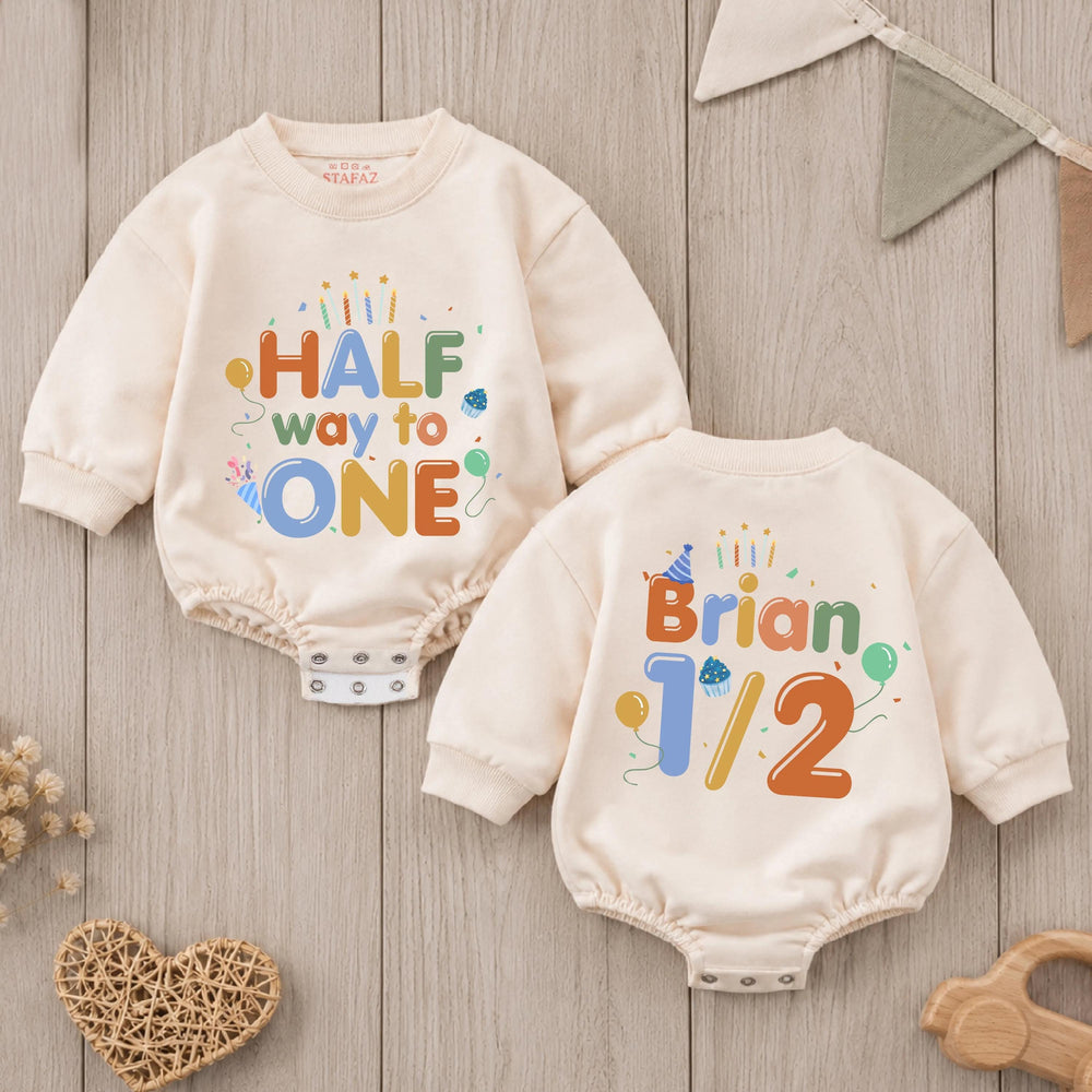 Half Way to One Romper for Baby Boy, Personalized Half Birthday Outfit, 6 Month Milestone Gift with Bright Colors and Party Graphics