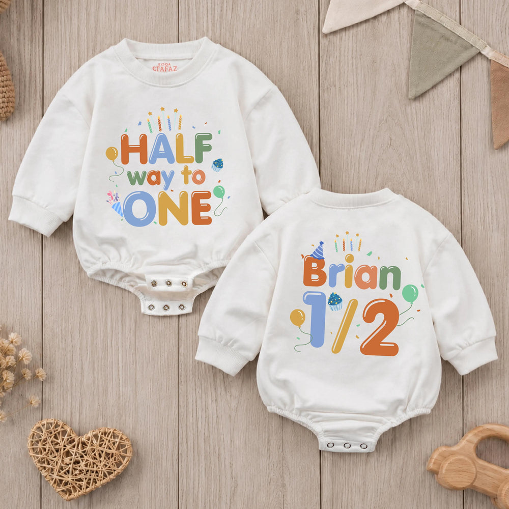 Half Way to One Romper for Baby Boy, Personalized Half Birthday Outfit, 6 Month Milestone Gift with Bright Colors and Party Graphics