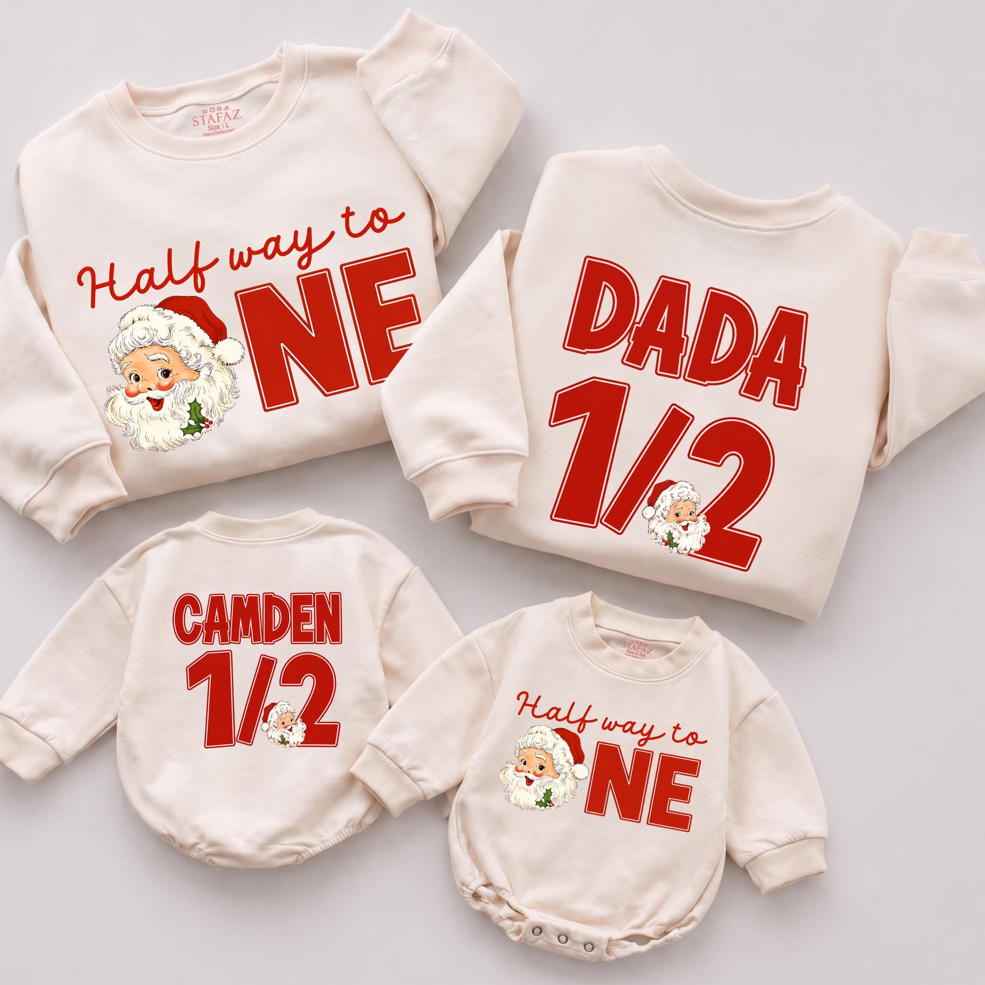 Half Way to One Santa Sweatshirts with Custom Name, Matching Family Half Birthday Outfit, Cake Smash Long Sleeve Sweater