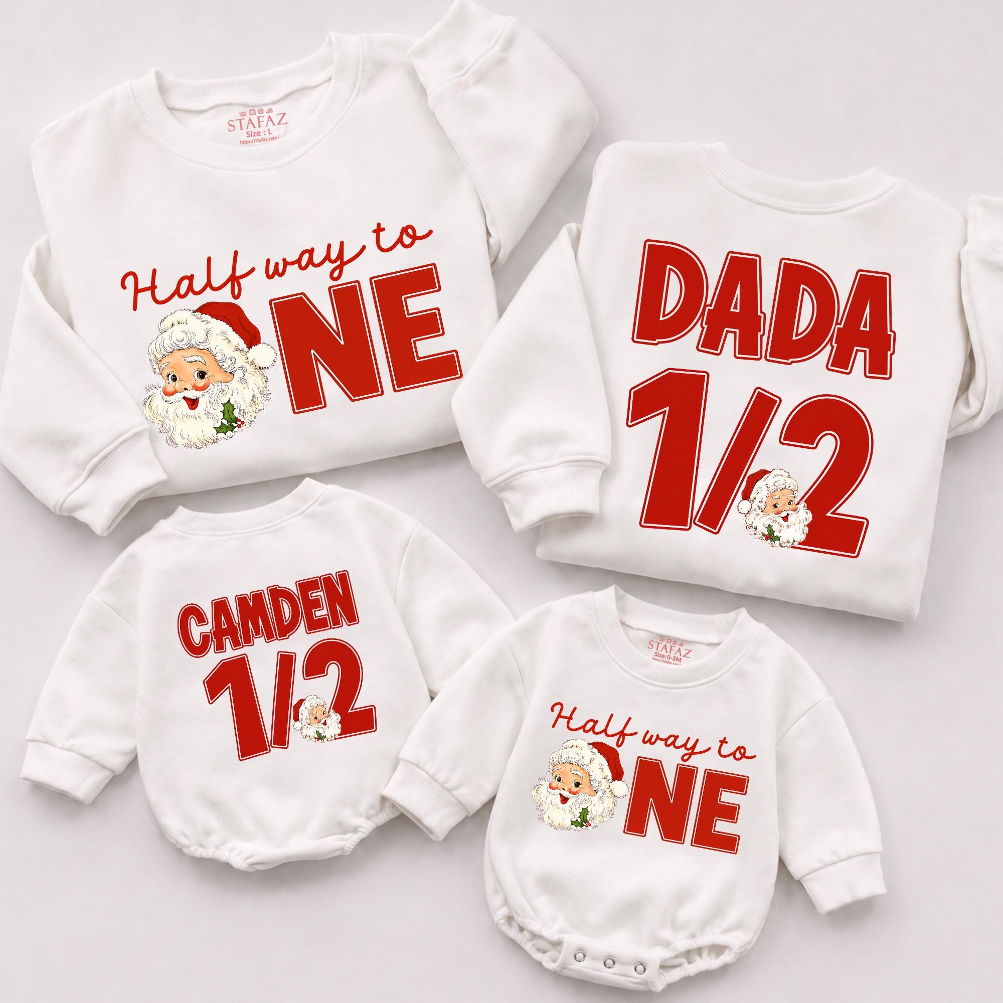 Half Way to One Santa Sweatshirts with Custom Name, Matching Family Half Birthday Outfit, Cake Smash Long Sleeve Sweater