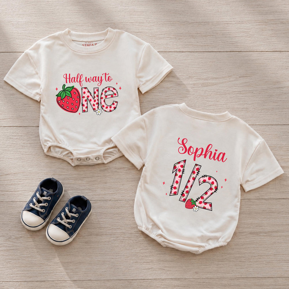Half Way to One Strawberry Baby Romper Custom Name Soft Cotton White Mauve Infant Girl Outfit Milestone Birthday Newborn to 24M